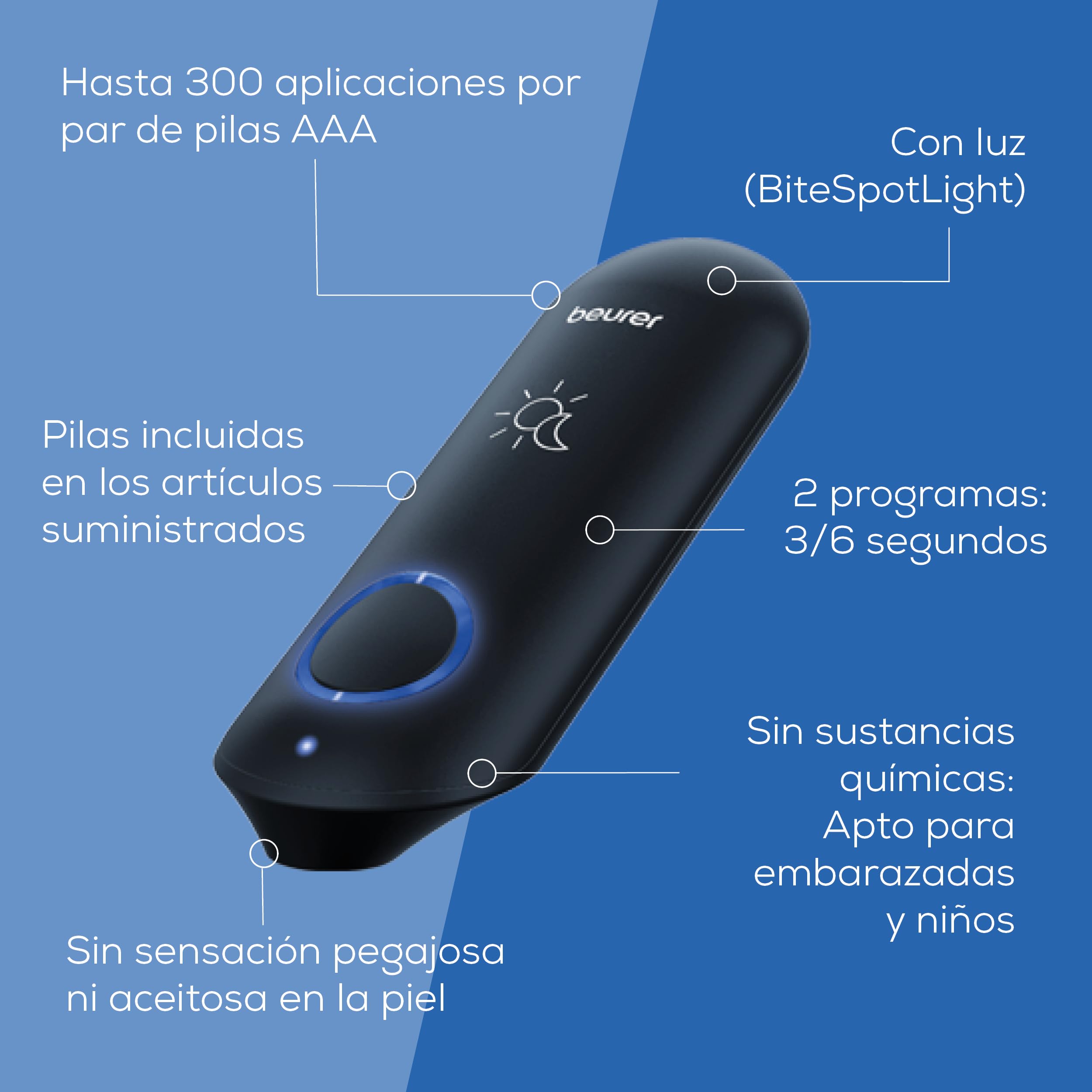 Beurer BiteX Day&Night BR 90 Aparato contra picaduras de insectos, dispositivo térmico electrónico para tratar picaduras y mordeduras de insectos, con luz para uso en la oscuridad, gadget de viaje.