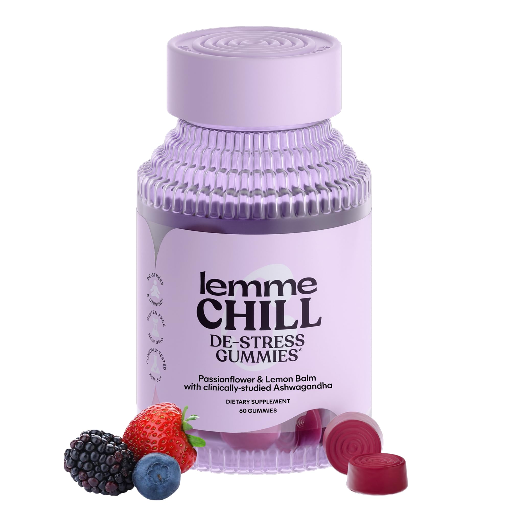 Chill Stress Relief Gummies with 300mg KSM-66 Ashwagandha, Lemon Balm, Passionflower & Goji to Support Relaxation, Healthy Cortisol & Sleep - Gluten-Free, Non-GMO, Mixed Berry (60 Count)