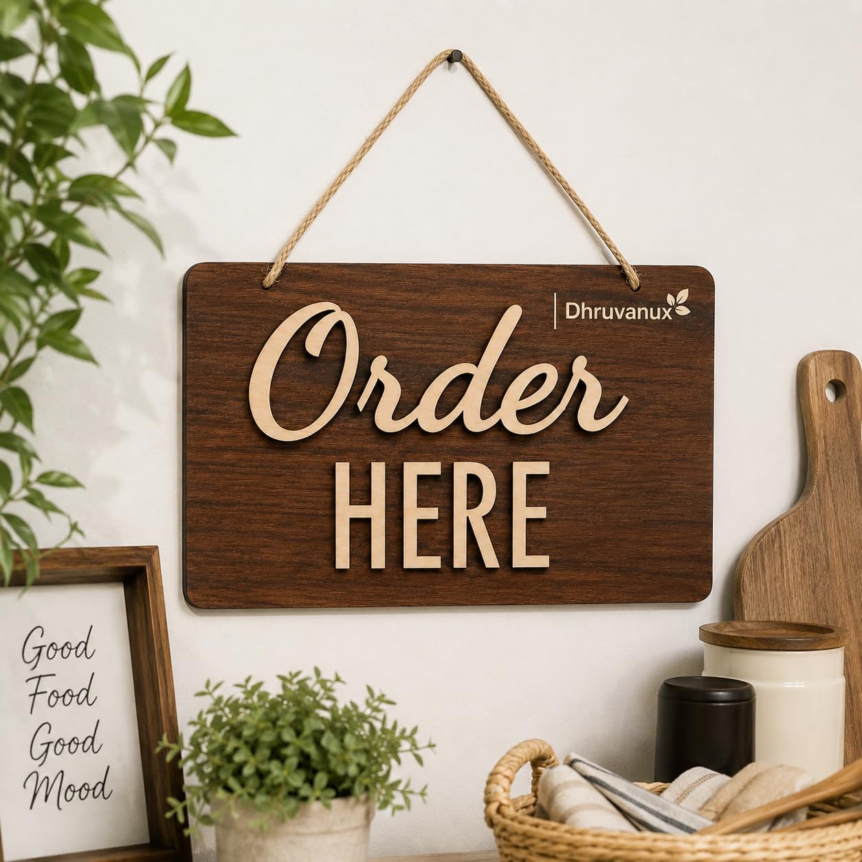 Dhruvanux Order Here Wooden Hanging Sign, 3D Raised Letters, 12x8 Inch, for Cafe, Restaurant, Shop, Office-image-7