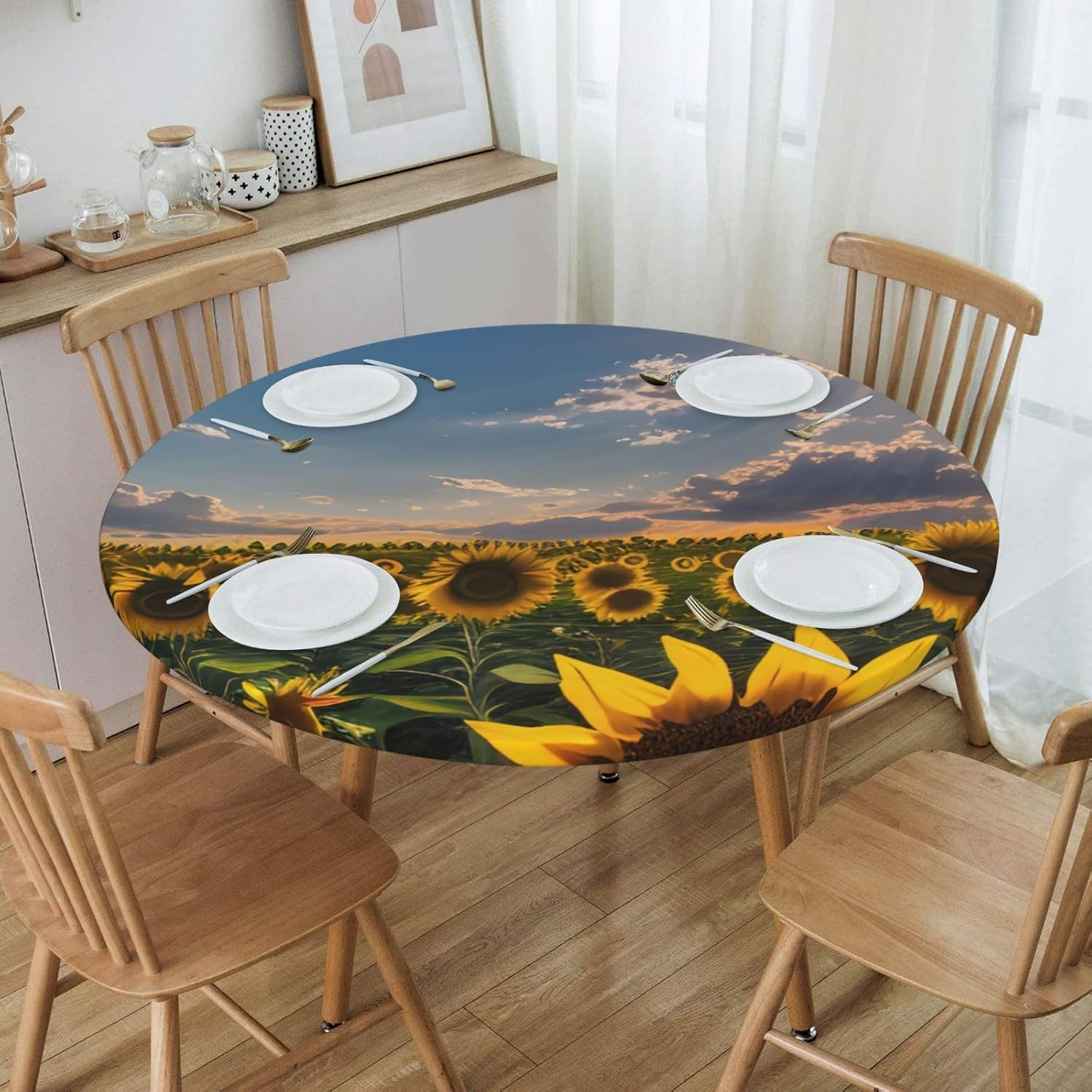 Sunflowers Sunlight Print Outdoor Patio Kitchen Decor Supplies Wipeable Round Table Cloth for Indoor Outdoor
