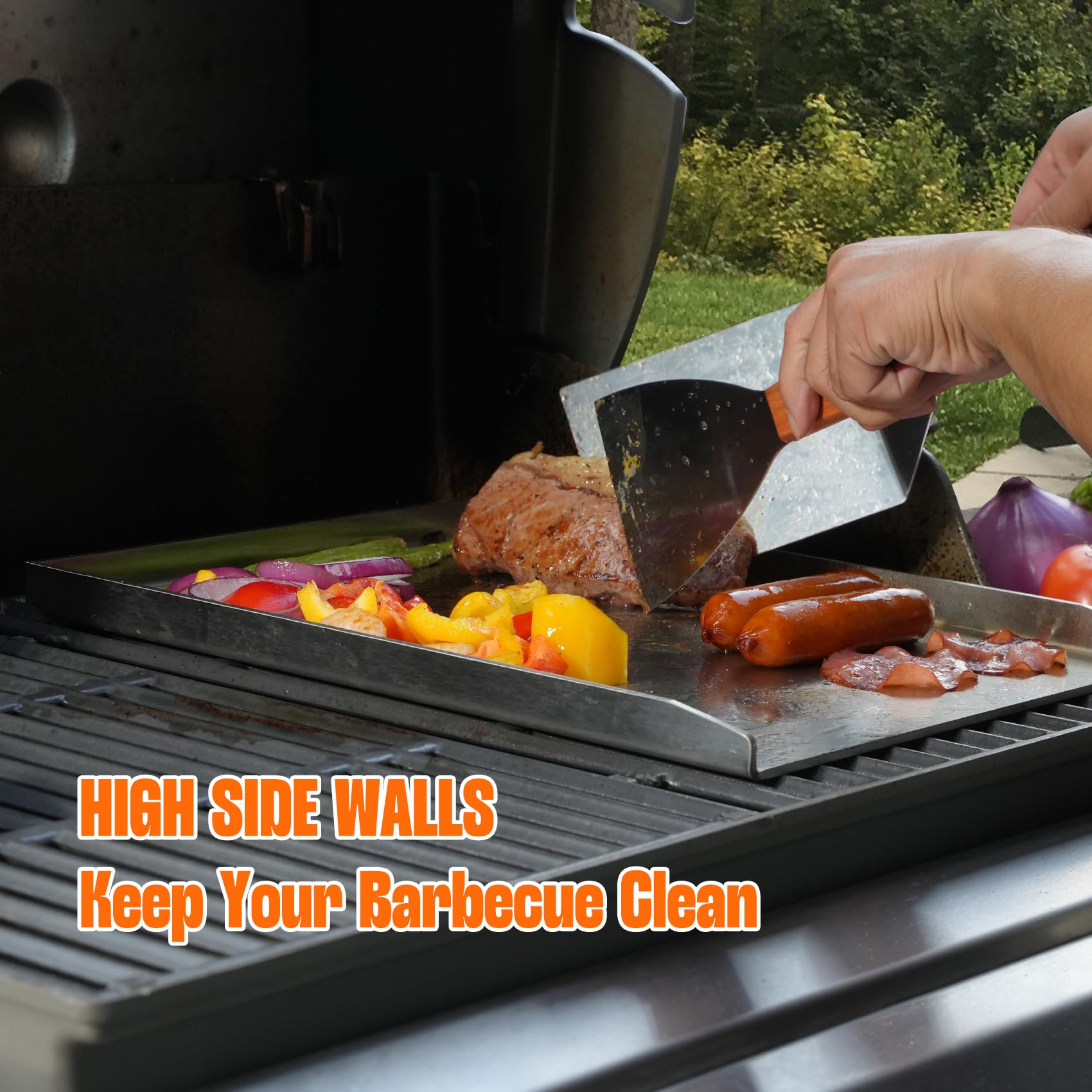 Onlyfire Plancha Barbacoa de Acero Inoxidable con 2 Espátulas BBQ para La Mayoría de Las Barbacoas de Gas y Carbón, Accesorios para Plancha, 40 ×30 × 2.5 cm | Plancha rectangular con raspador de barbacoa y espátula de parrilla para la mayoría de parrillas