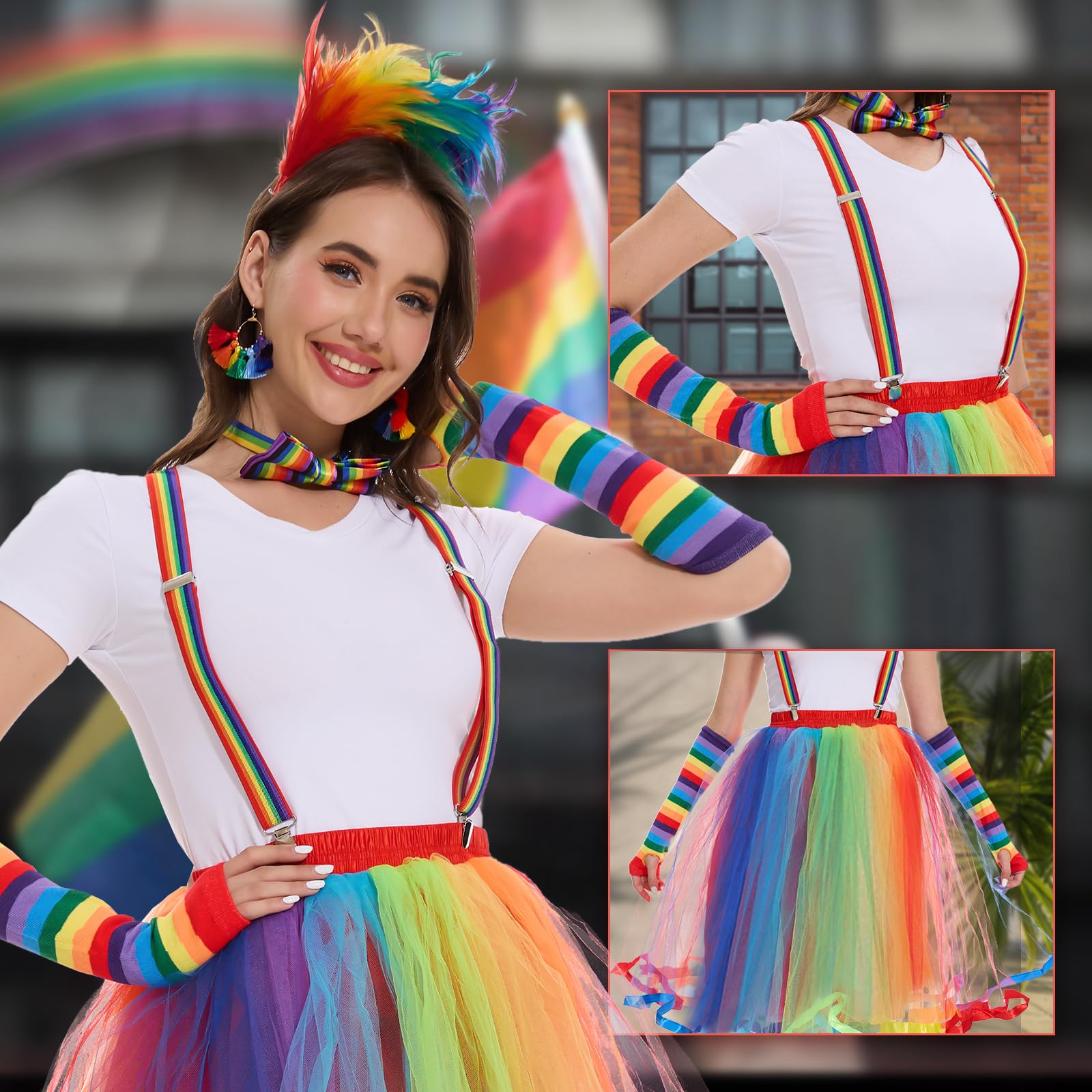 Joellfuner Gonna Arcobaleno Donna, Gonna Tulle Colorata Donna, Anni 80 Vestiti e Accessori con Tutu, Bretelle, Copricapo di Piume Colorate, Costume carnevale donna, Sfilata Dell'arcobaleno