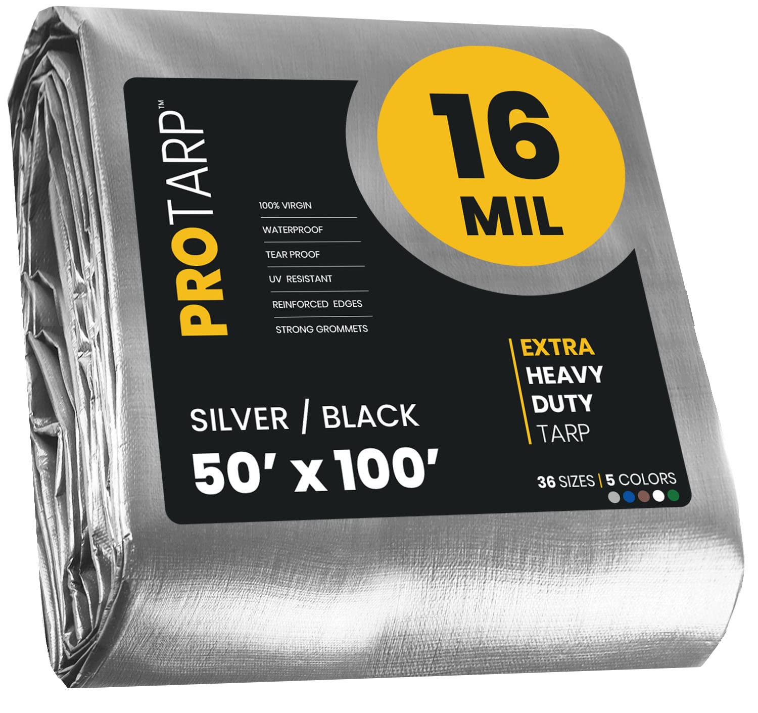 Extra Heavy Duty 16 Mil Tarp Cover, Waterproof, UV Resistant, Rip and Tear Proof, Poly Tarpaulin with Reinforced Edges for Roof, Camping, Patio, Pool, Boat. (Silver/Black 50′ X 100′)