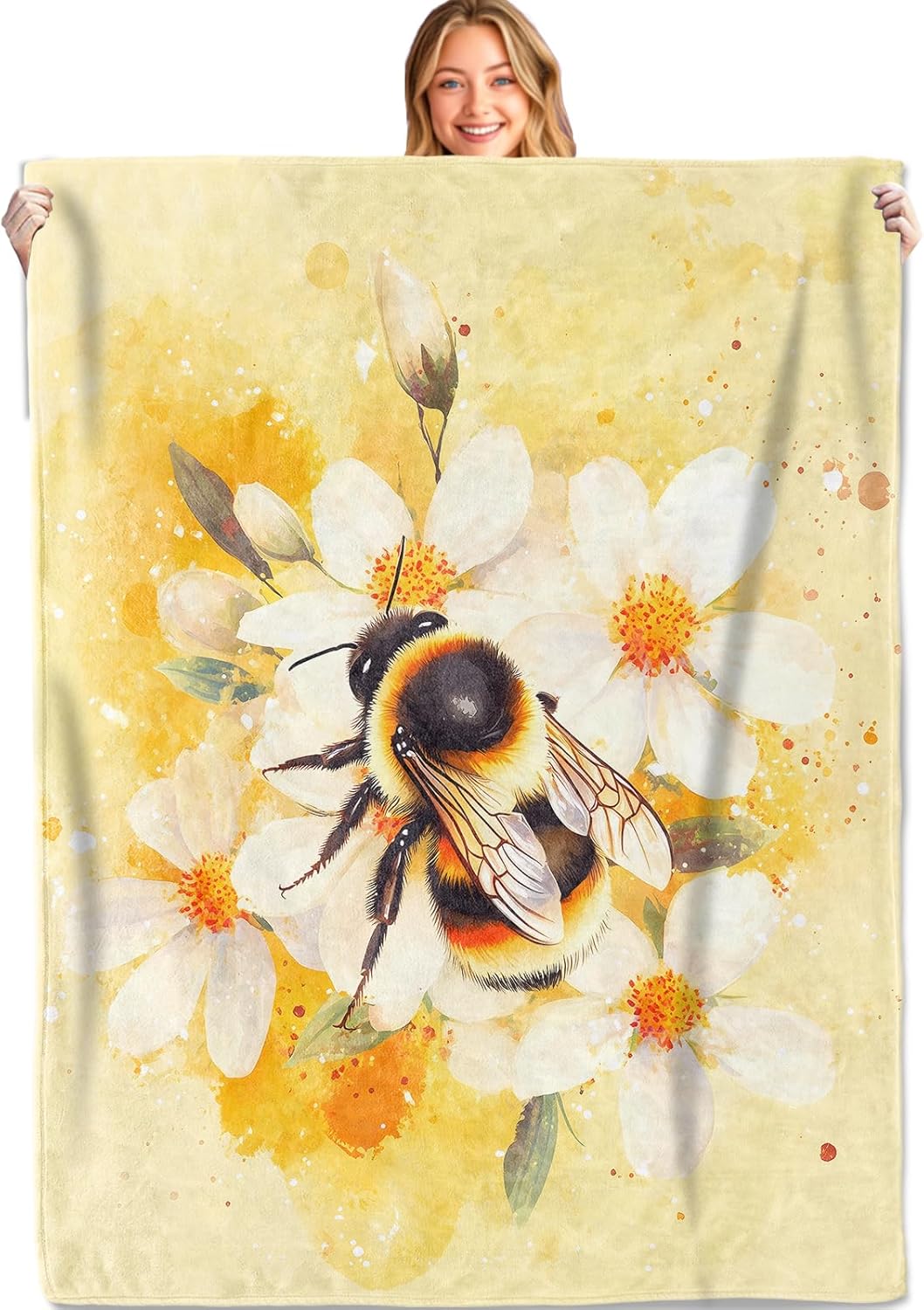 Bumblebee Throw Blanket,50x60in,Soft,Lightweight Flannel,Bee and White Daisy Warm Yellow Blankets - Gifts for Kids Adult Women,for Couch Office Travel,Home Living Room Nature Decor
