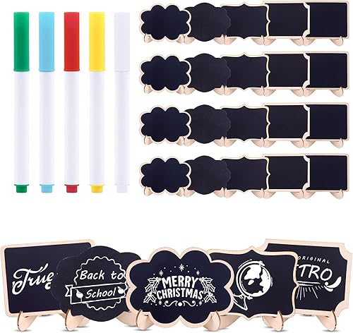30 carteles de pizarra con marcador de tiza de 5 colores, letreros de pizarra con marco de madera, letreros de tablero de mensajes, tarjetas de
