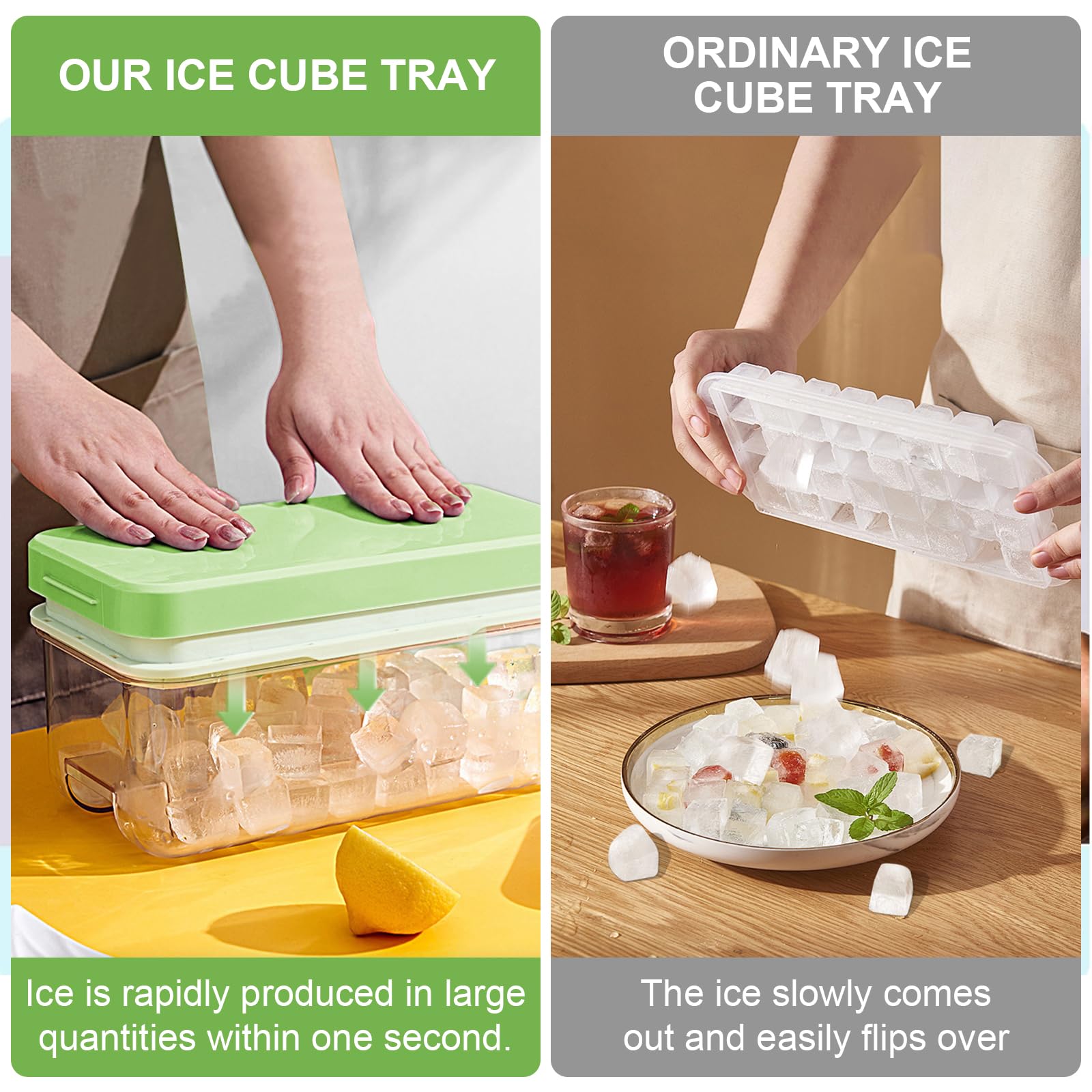 Eiswürfelbehälter mit Deckel und Behälter Set, Leicht zu Lösen und Aufbewahrung Eis, 64 Stück Eiswürfel für Gekühlte Getränke/Obst/Babynahrung, 2 Silikon Eiswürfelform+1 Eiskübel+1 Schaufel, Grün