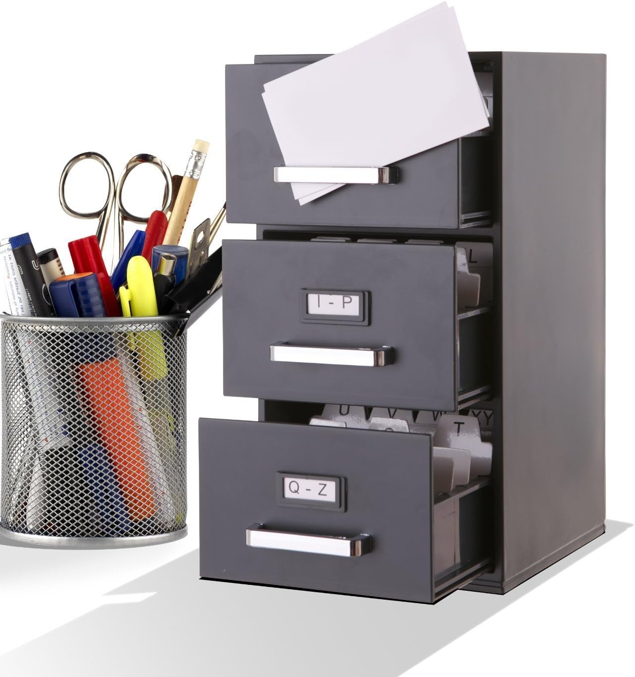 Mini File Cabinet Business Card Holder 3-Drawer (1, Black)