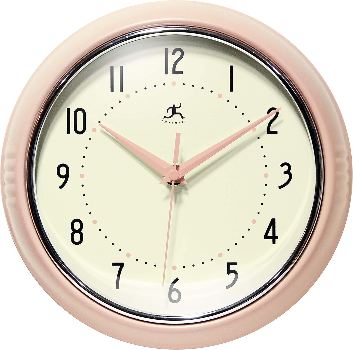 Infinity Instruments LTD. Retro 9 inch Silent Sweep Non-Ticking Mid Century Modern Kitchen Diner Wall Clock Quartz Movement Retro Wall Clock Decorative (Rose Blush)…