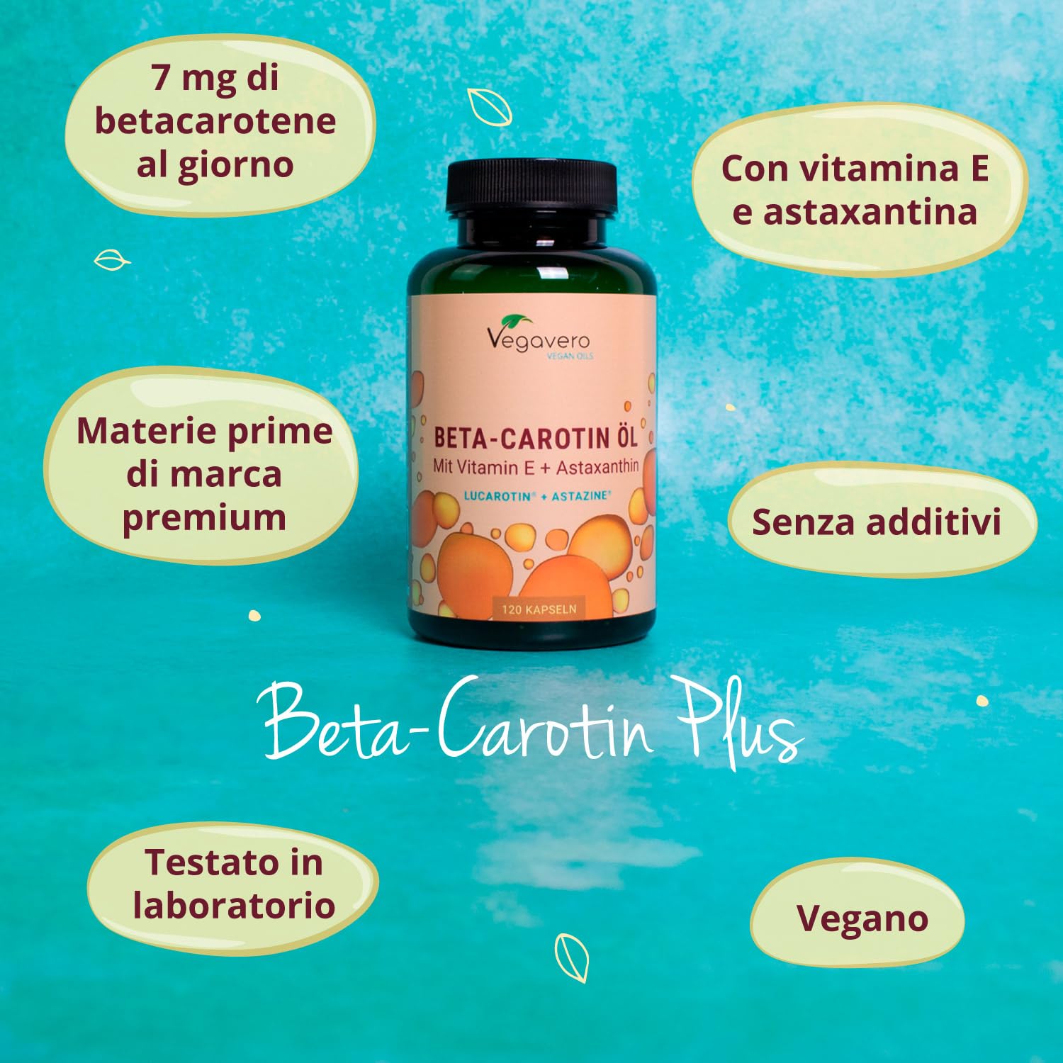 BETACAROTENE PLUS Vegavero® | con Vitamina E + Astaxantina AstaZine® | Lucarotin® B SUN Beta Carotene | Integratore Attivatore Abbronzatura | 120 capsule GreenCaps®