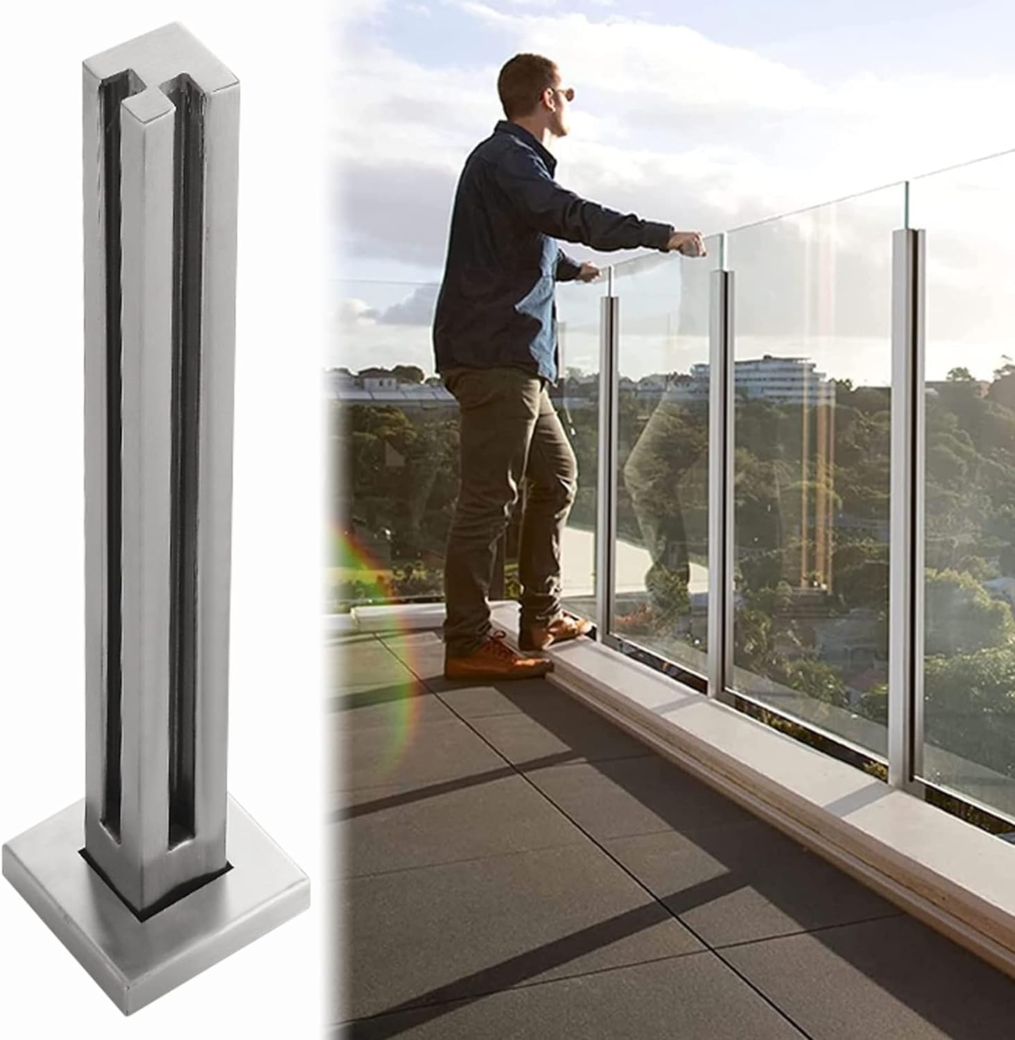 Tige de fixation pour clôture en verre et poteau d'angle carré argenté de 85 cm