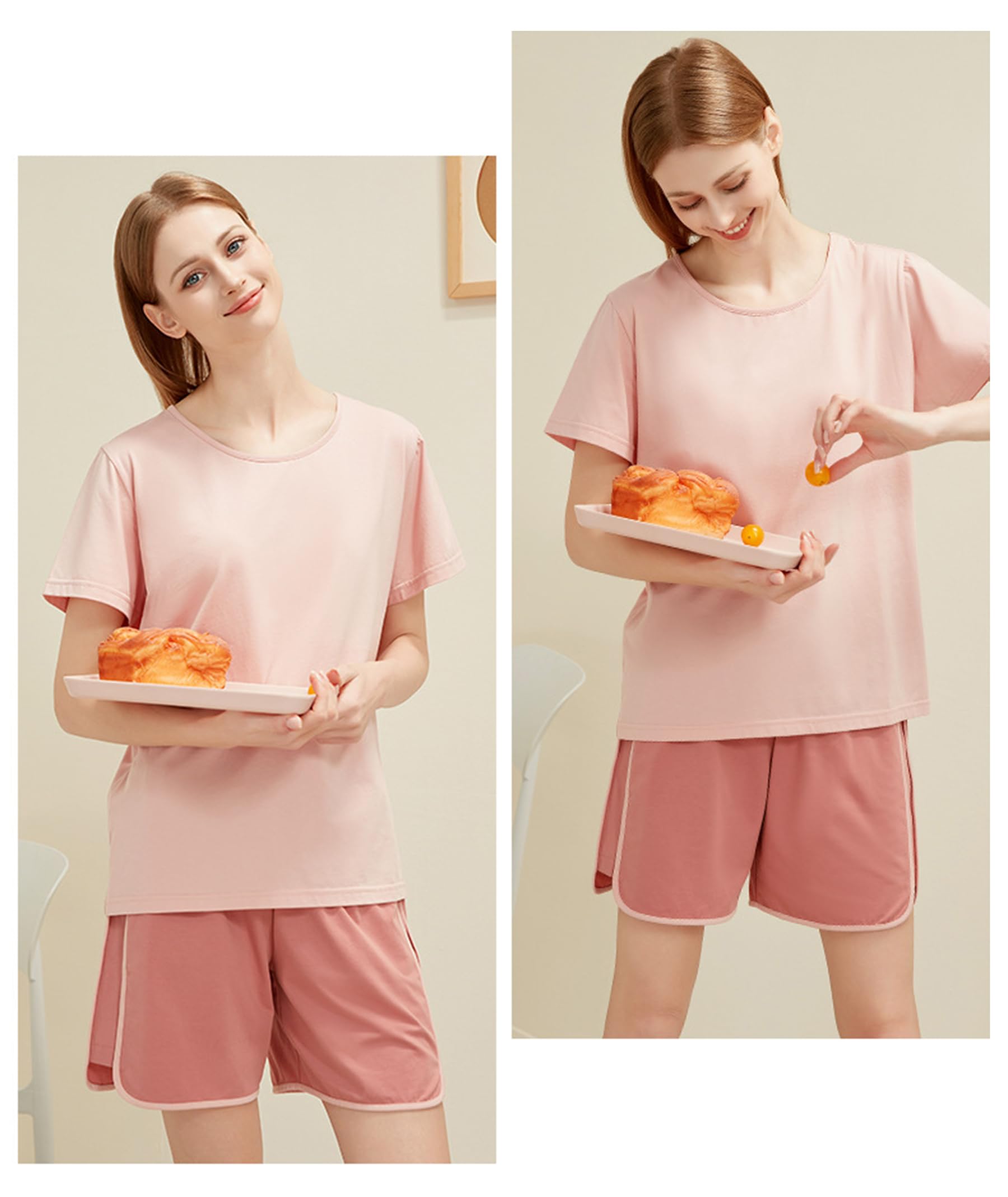 Generic Damska 2-częściowa piżama letnia cienka dzianina czysta bawełniana piżama okrągły dekolt krótkie spodenki z krótkim rękawem,Light pink,L