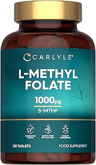 Methyl Folate 1000ug | 120 Vegan Tablets (4 Months Supply) | L-Methylfolate as a Active Form of Folic Acid 5-MTHF (Vitamin B9) | No Artificial Preservatives | By Carlyle