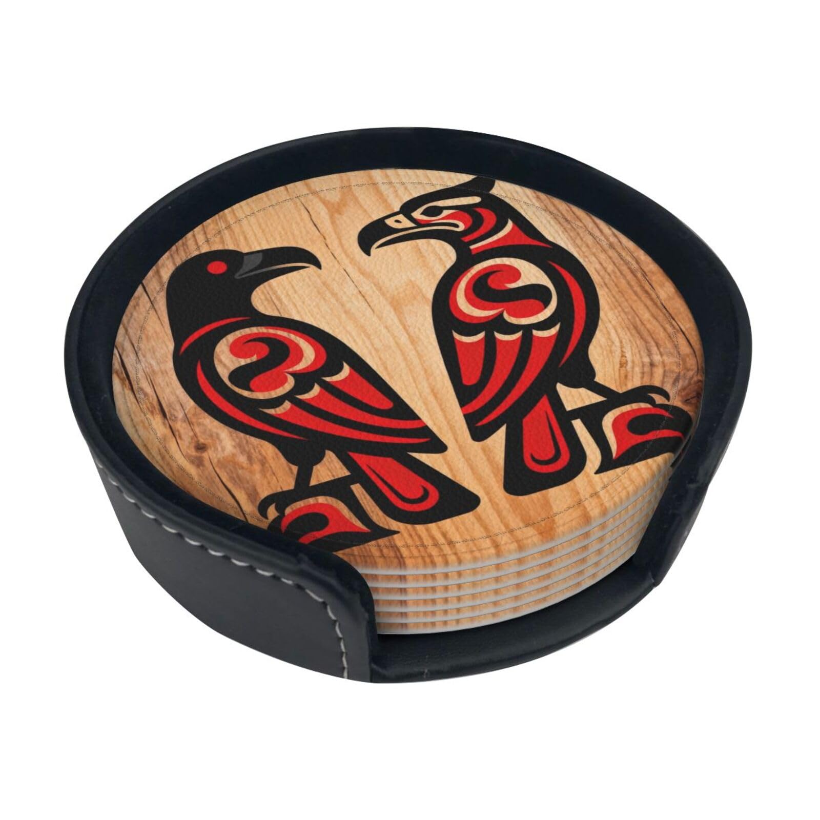 Cntdbu White Eagle And Raven Leather Coasters Set Of 6-Pu Leather Drink Mats For Table, Heat Resistant Round Coasters With Holder