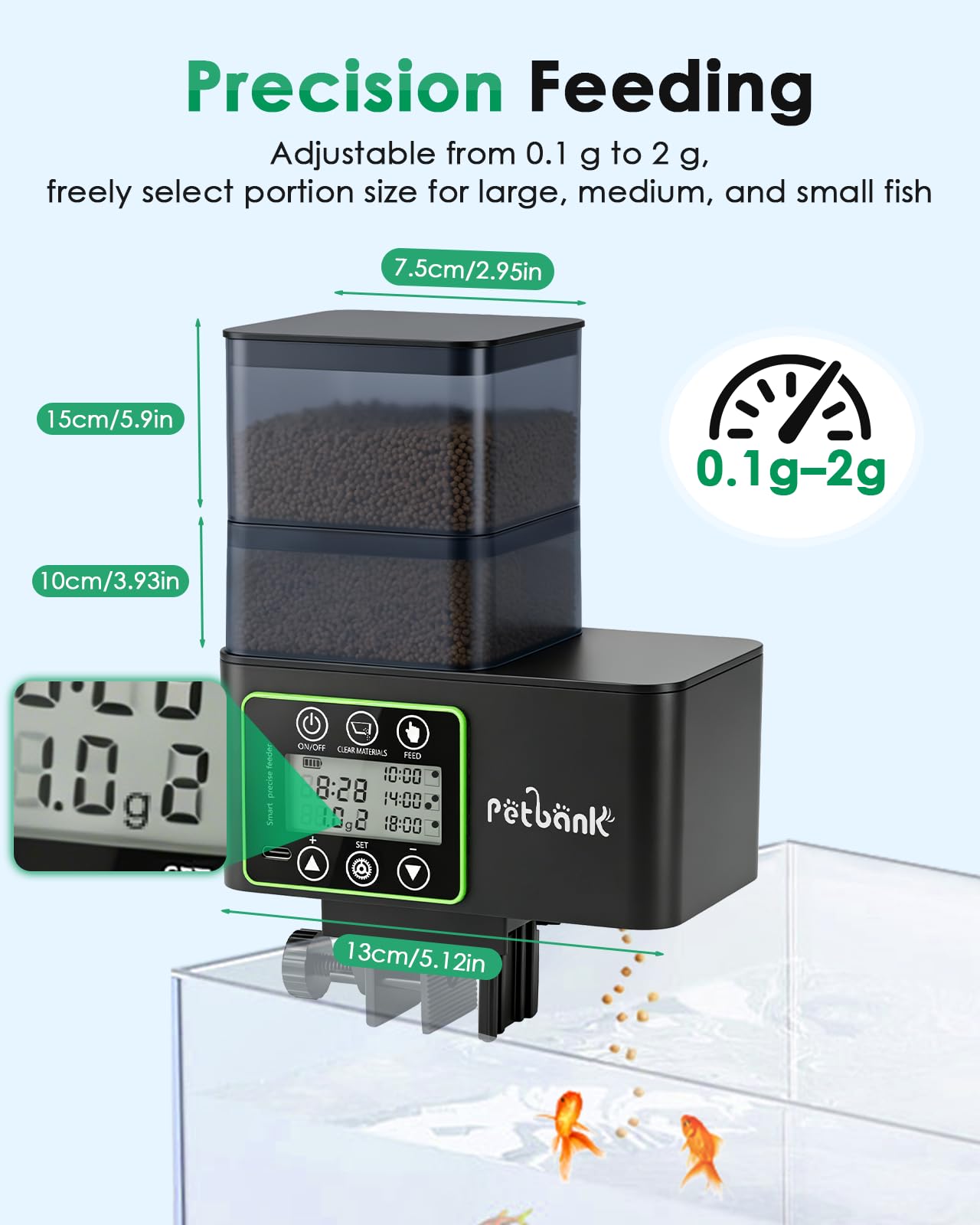 Mangiatoia Automatica Acquario-230/510ml Distributore Automatico Cibo Pesci con Alimentazione di Precisione 0.1-2g,Mangiatoia Acquario Antiumidità con Pulizia e Allarme Scorte,Ricaricabile Usb