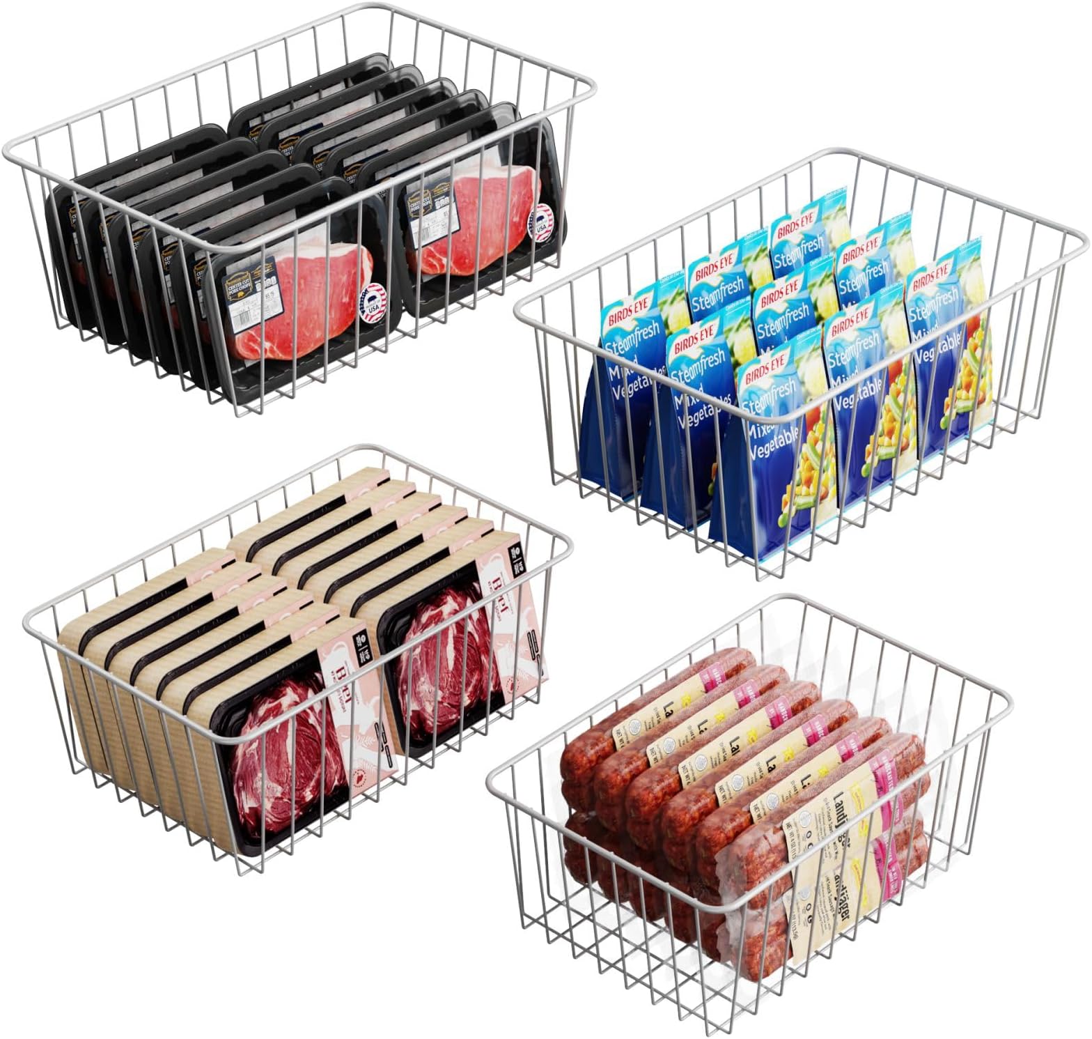 iSPECLE Upright Freezer Organizer Bins - Fits 14 to 15.5 Cu.Ft Stand up Freezer, 4 Pack Medium Upright Baskets, High-Sided Easy-View Design for Better Airflow, White