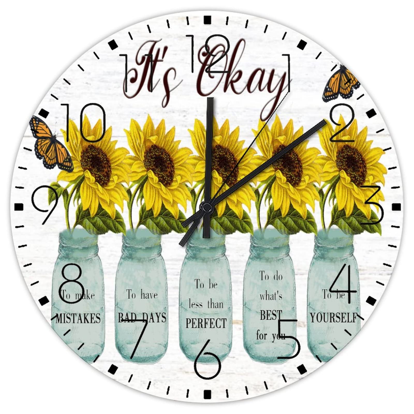 Horloge murale silencieuse sans tic-tac 38 cm en bois avec peinture de tournesol