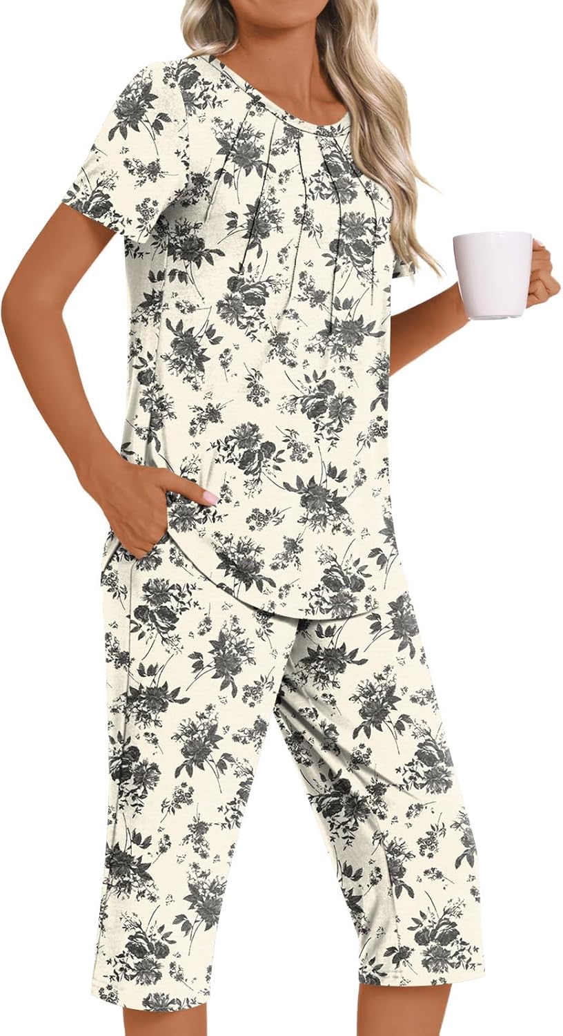 Womens Summer 2 Piece Pajama Sets 2026 Casual Loungewear Short Sleeve Sleepwear with Pockets - Image 3
