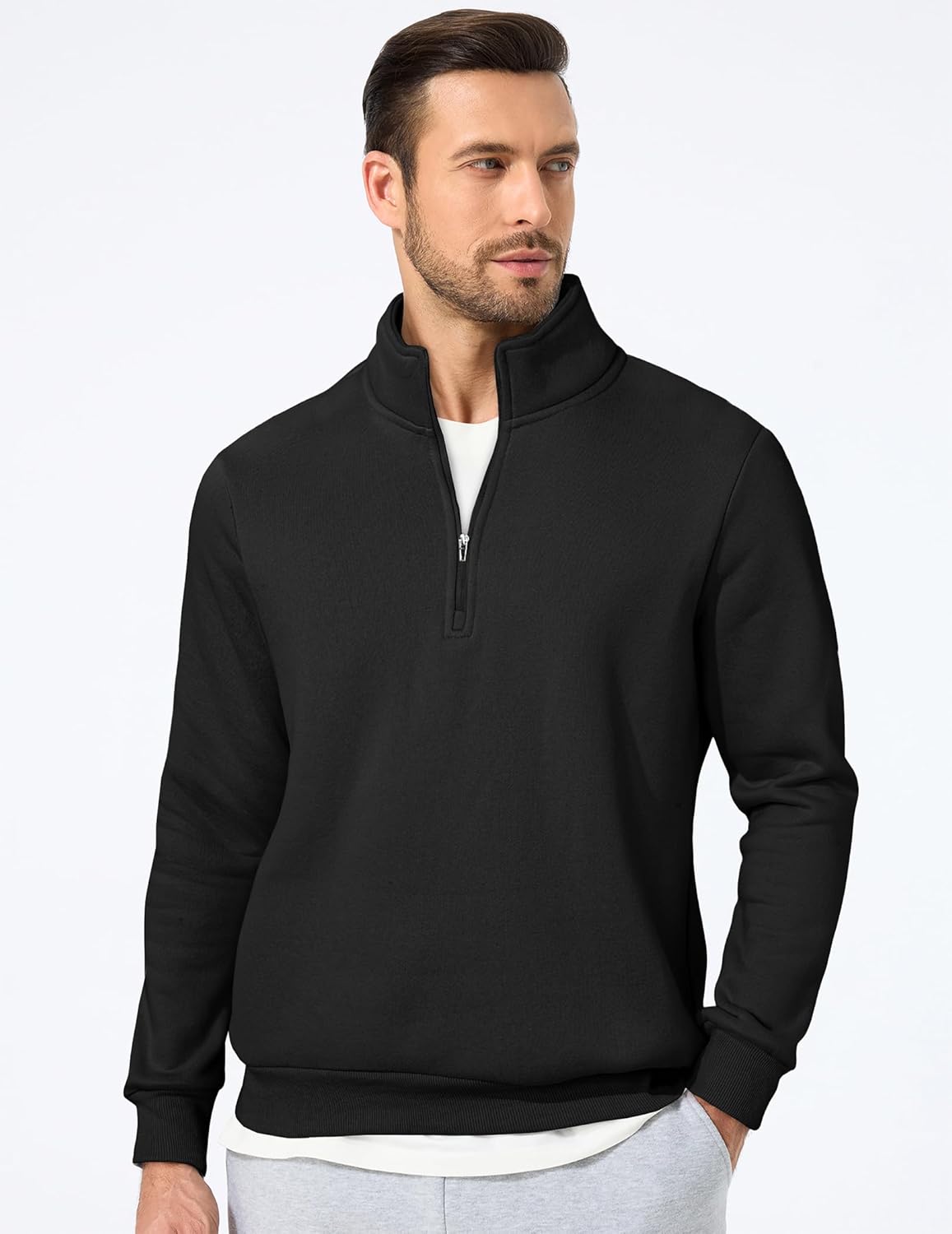 JMIERR Mens Quarter Zip Pullover Polo Sweater Mock Neck Long Sleeve Lightweight Fleece Sweatshirts - Image 2