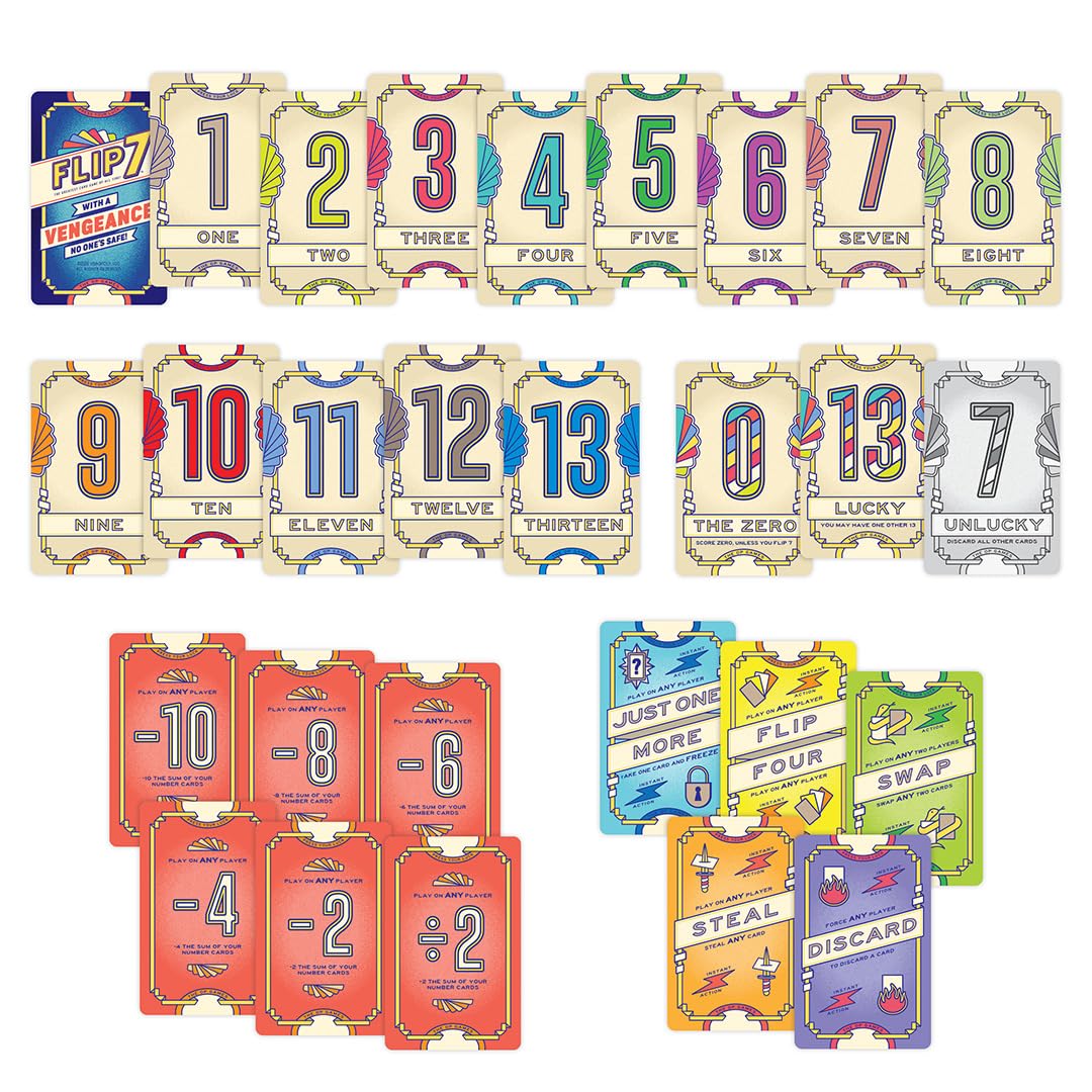Flip 7: With a Vengeance Gra Karciana | Samodzielna Gra Press Your Luck | Karty Akcji Take-That | Szybka Gra Rodzinna i Imprezowa od 8 Lat