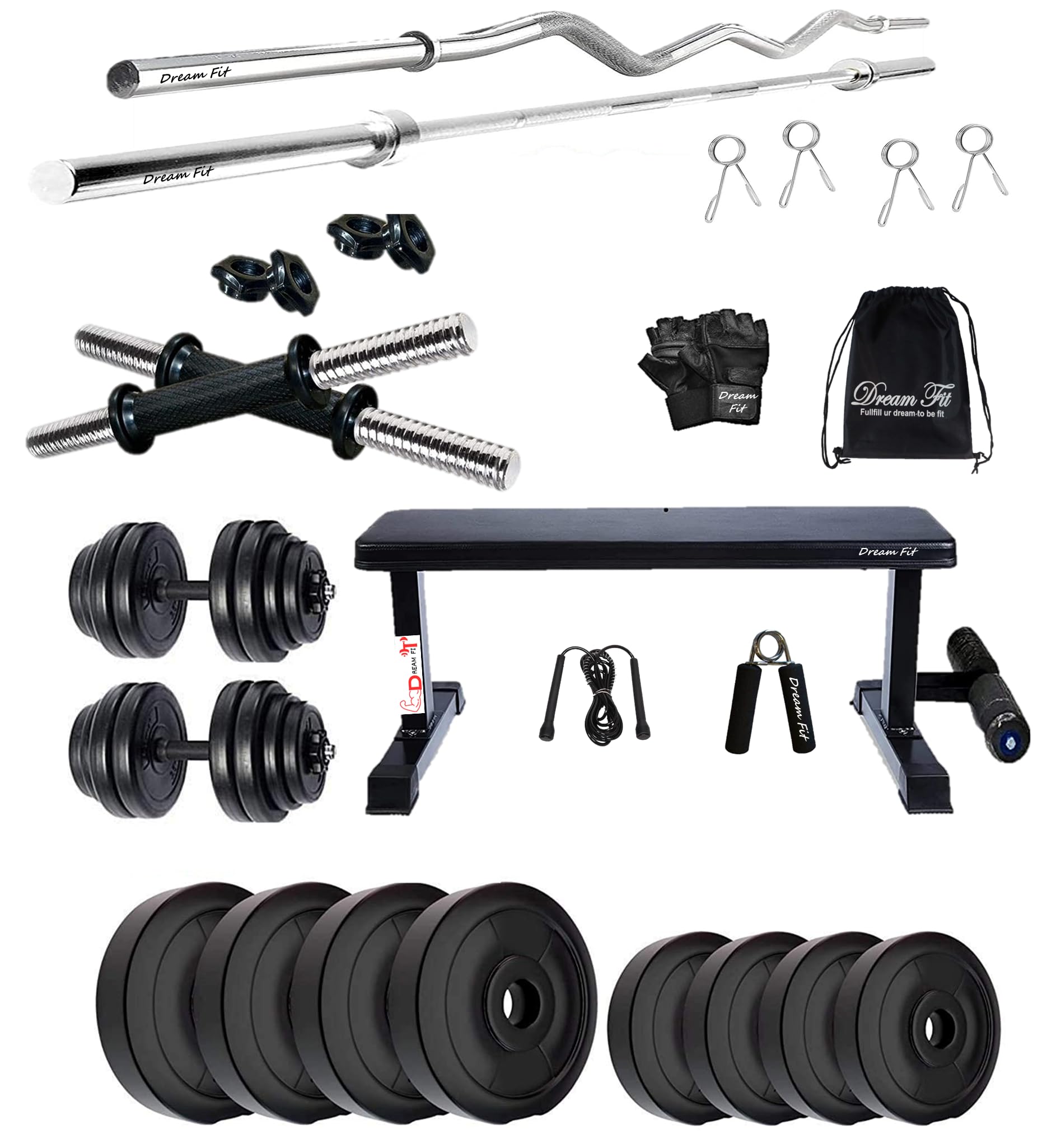 DREAM FIT PVC Home Gym Set - 18 kg with Flat Bench with Foot Extension, 3 ft Curling Rod, 3 ft Straight Rod, 1 Pair Dumbbell rods and Gym Accessories (18kg)-picture-12
