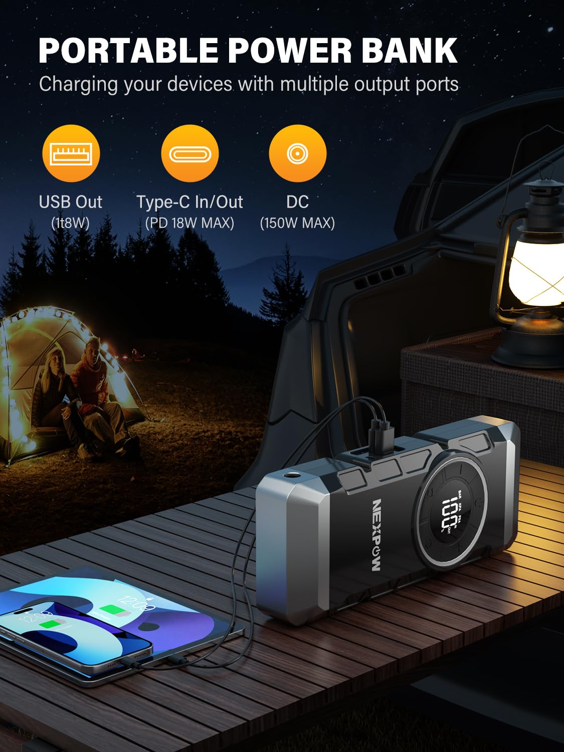 NEXPOW Booster Avviamento Auto, Con Compressore Aria Portatile, 150 Psi 2000 A, 12V Avviatore Batteria Auto, Per Motori Fino A 10 Litri, Compressore Portatile, Con Luce Led/Usb Qc3.0/Cavo Avviamento