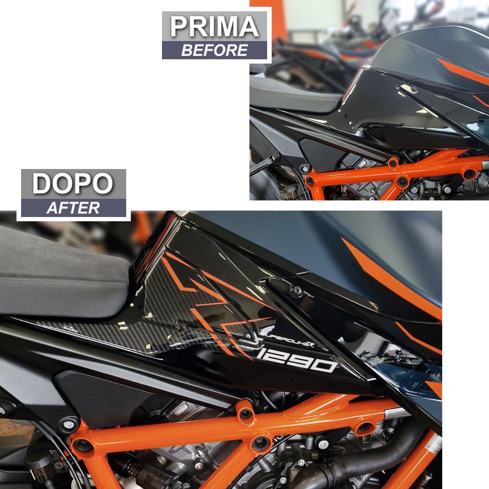 Resin Bike Autocollant Moto Compatibles avec KTM 1290 Super Duke R 2022-2023. Protections Latérales de Réservoir Contre Les Chocs et Les Éraflures. Autocollant 3D Résinés Made in Italy