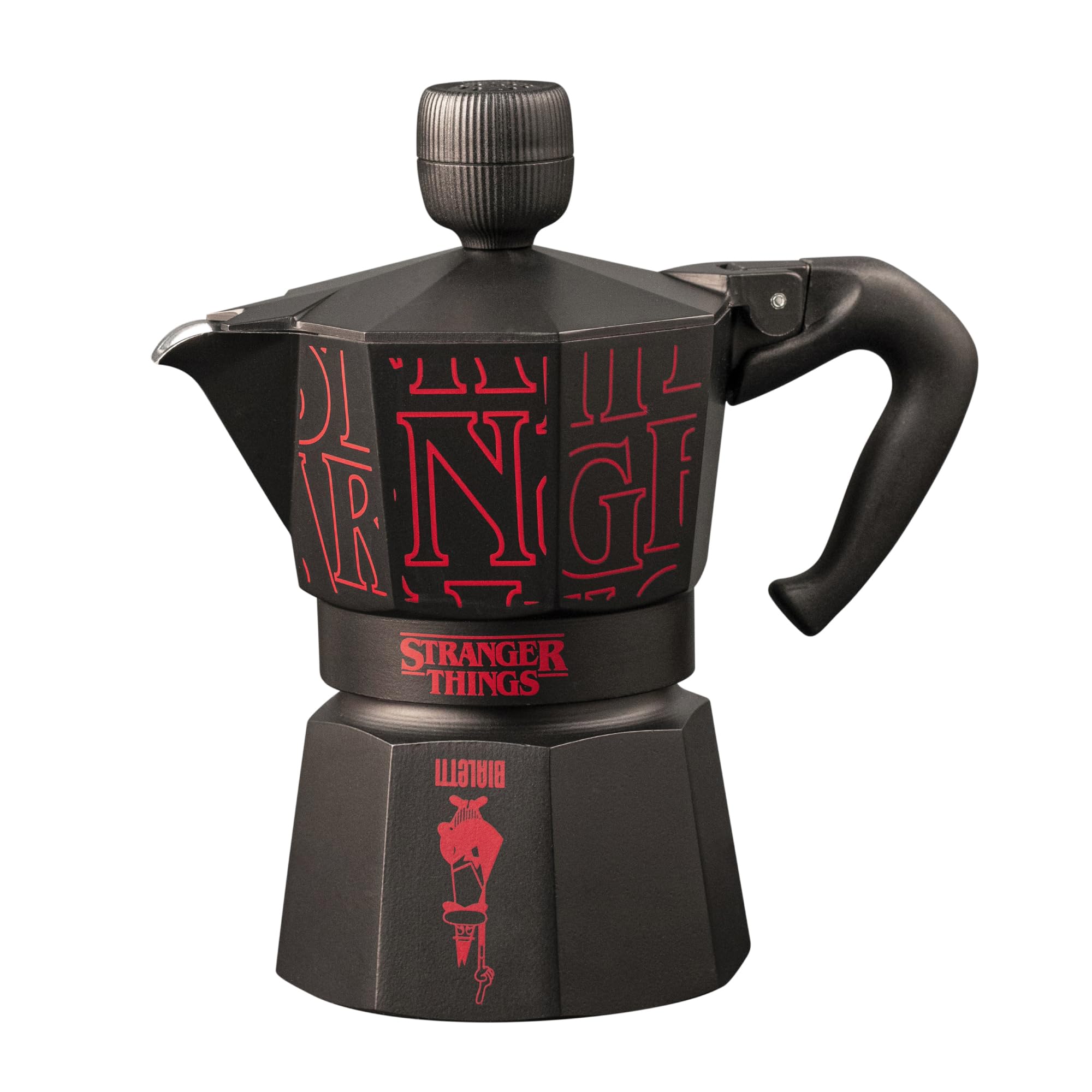 Bialetti Moka Express Stranger Things – Cafetière italienne 3 tasses (130 ml), bouton musical avec recharge USB-C, non compatible induction, noir