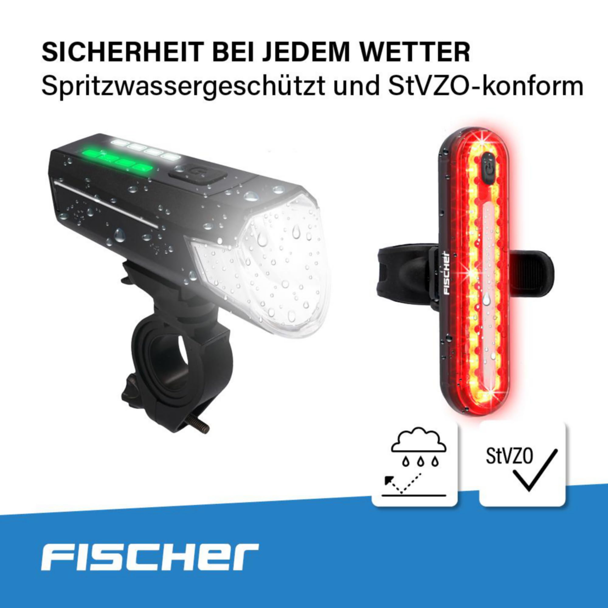 Fischer Juego de iluminación para Bicicleta 80/40/20 Lux, Juego de Luces de batería, luz Delantera y Trasera, con batería y función de Carga USB, 3 Funciones de luz, protección contra Salpicaduras