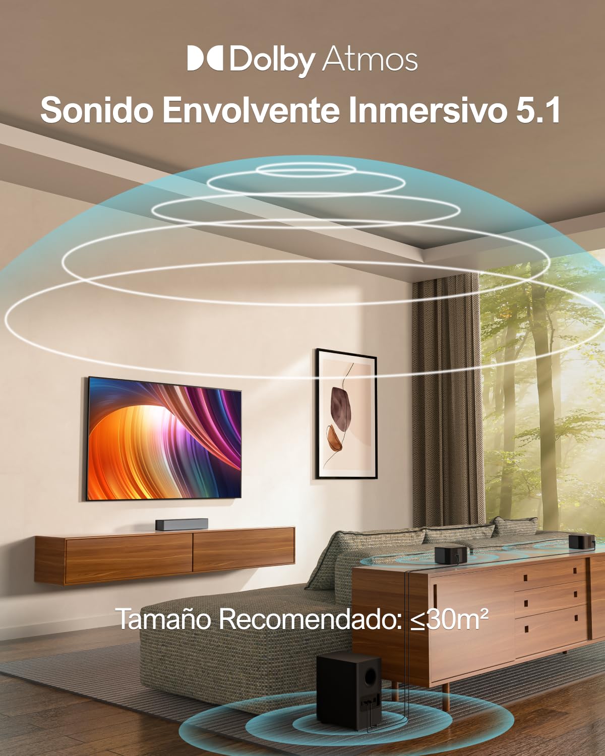ULTIMEA 5.1 Barra de Sonido con Dolby Atmos, Sistema de Sonido Envolvente 3D, Barra de Sonido para TV con Subwoofer, 2 Altavoces Traseros, Soundbar Bluetooth 5.3 con Graves Ajustables, Poseidon D60