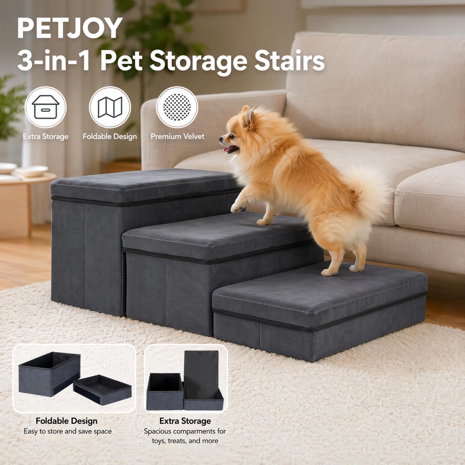 Hundetreppe mit Stauraum, faltbar, 3 Stufen, rutschfeste breite Hunderampe, Haustiertreppe für Bett und Sofa, Haustierleiter für kleine & große Hunde & Katzen (75 × 40 × 30 cm)