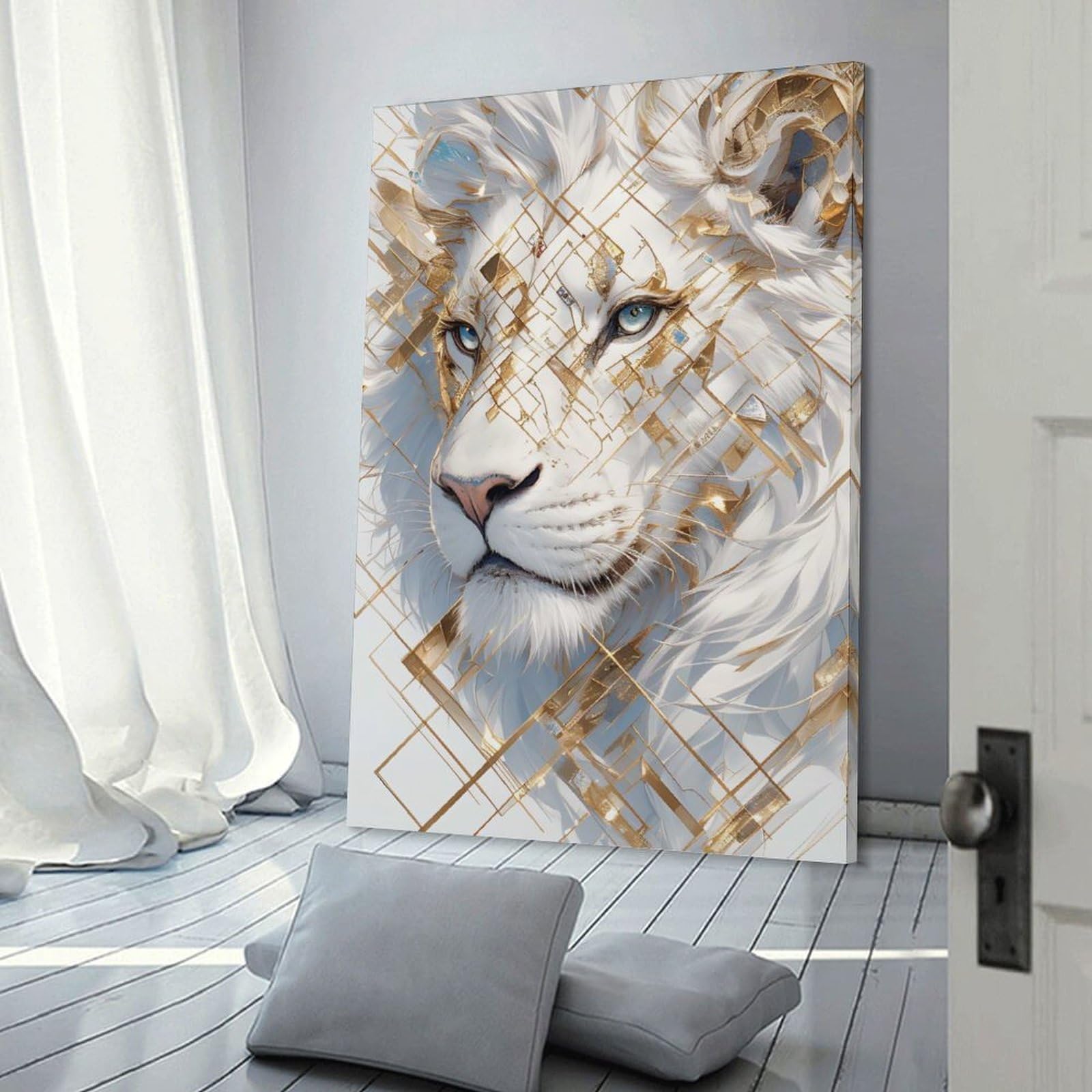 Junmoney White Lion with Golden Geometric Pattern Hanging Wall Art, 24x36inch(60x90cm), for New Homes, Bedrooms Or Workspaces, Thoughtful Wall Decor for Art Lovers