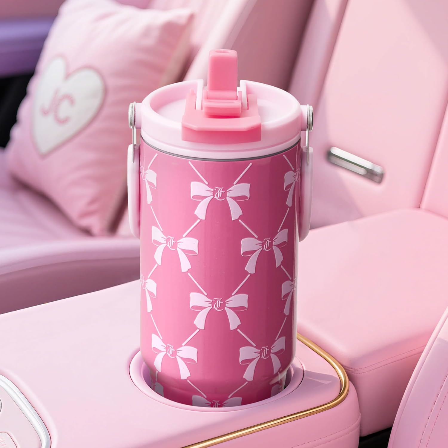 Juicy Couture Flip Fusion Hydration 40oz Stainless Steel Tumbler with Flip Handle, Pink Bows