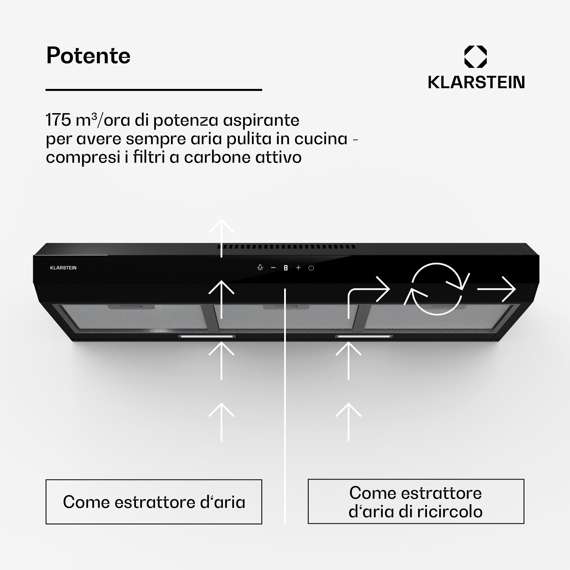 Klarstein Cappa Aspirante a Incasso, Cappa Cucina con Filtro, Cappa Aspirante Cucina in Alluminio, Cappa da Parete con Flusso d'Aria 175m³/h, Illuminazione LED, Timer, Cappa Aspirante Filtrante