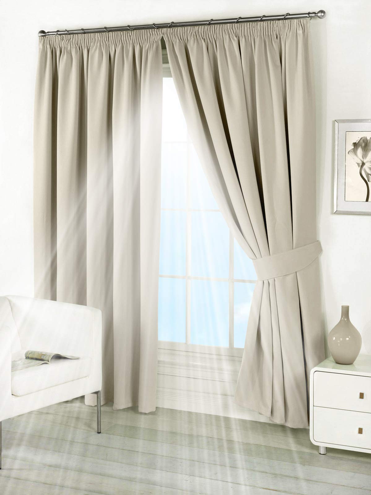 viceroy bedding Pair of Cream 46" Width x 72" Drop, Supersoft Thermal BLACKOUT Pencil Pleat Tape Top Curtains INCLUDING PAIR OF MATCHING TIE BACKS, 'Winter Warm but Summer Cool