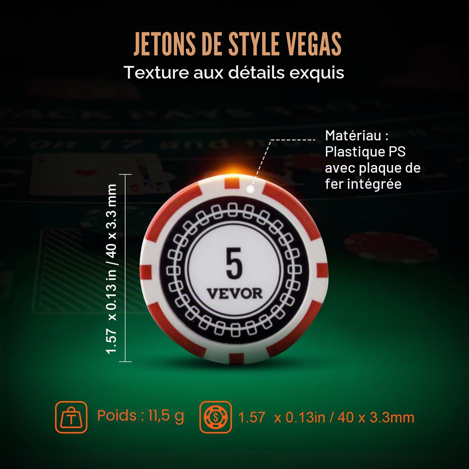 VEVOR Mallette de Poker 500 Jetons de Poker en Plastiques et Alu 11,5 g 40 x 3,3 mm avec 2 Jeux de Cartes 1 Bouton de Croupier et 2 Boutons Blind pour Blackjack Texas Jeux de Hasard Casino à Domicile