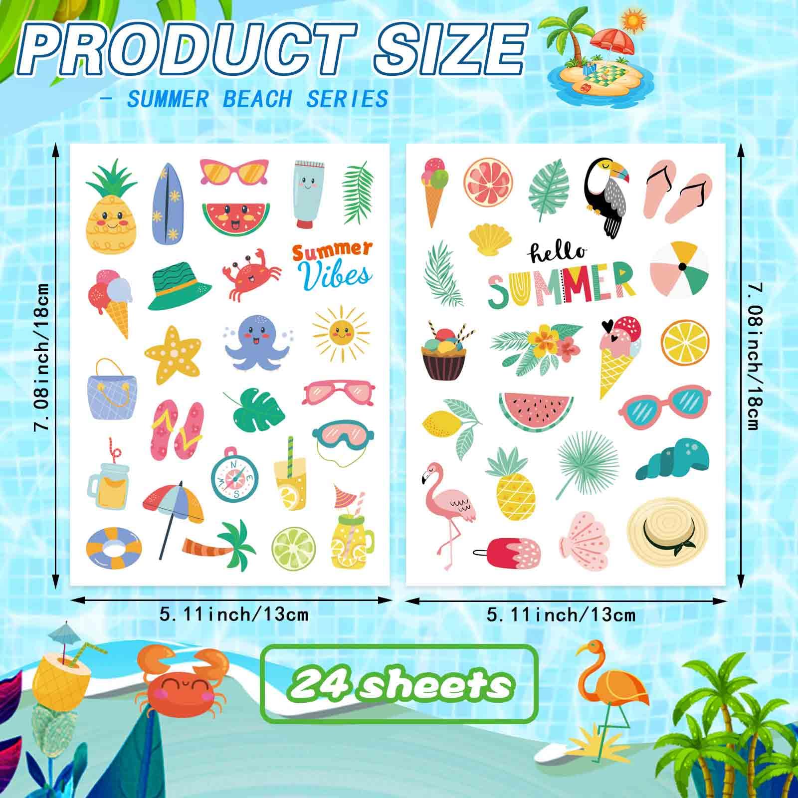 24 Sheets Summer Stickers Pool Beach Luau Hawaii Sun Stickers Hello Summer Ocean Beach Stickers, Watermelon Beer Ice Cream Pineapple Sticker, Summer Theme Family School Classroom Party Favor