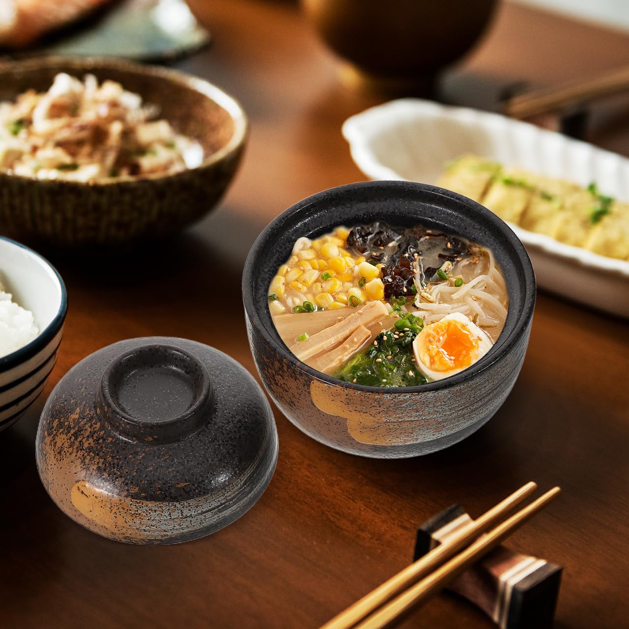 COLLBATH Tradizionale Giapponese Miso Zuppa Ciotola Con Coperchio Ceramica Fatto A Muso Zuppa Uova Al Vapore E Altri Piatti