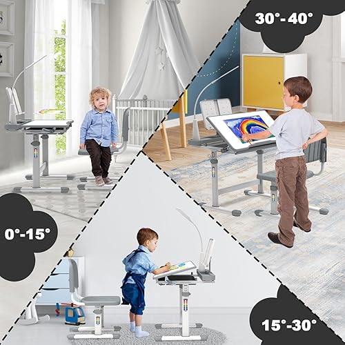 Miniatura 11 de Escritorio escolar para niños con 3 modos de luz LED, escritorio de altura ajustable para dormitorio de niños con escritorio inclinable, escritorio