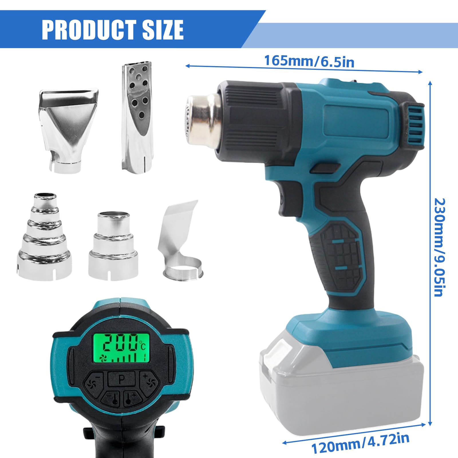 Pistola ad aria calda a batteria per 18 V, 50 – 550 °C, con display LCD e 5 ugelli in acciaio inox, temperatura regolabile e controllo dell'aria, pistola termica per restringimento, rimozione fai da