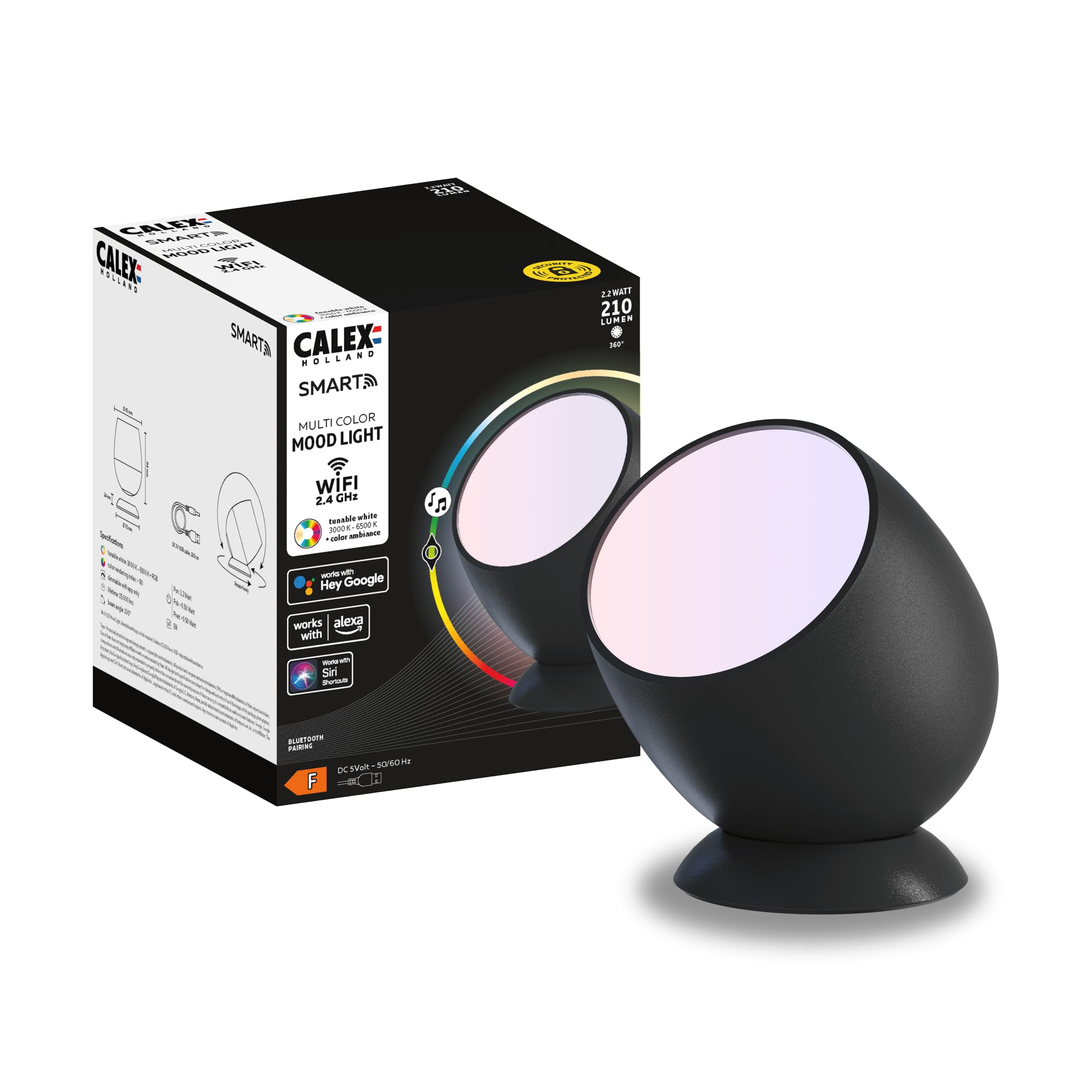 Calex Black - Smart Multi-Color Mood Light, Rgb + Tunable White (3000K-6500K), App Controlled, 2.2W, Usb Powered