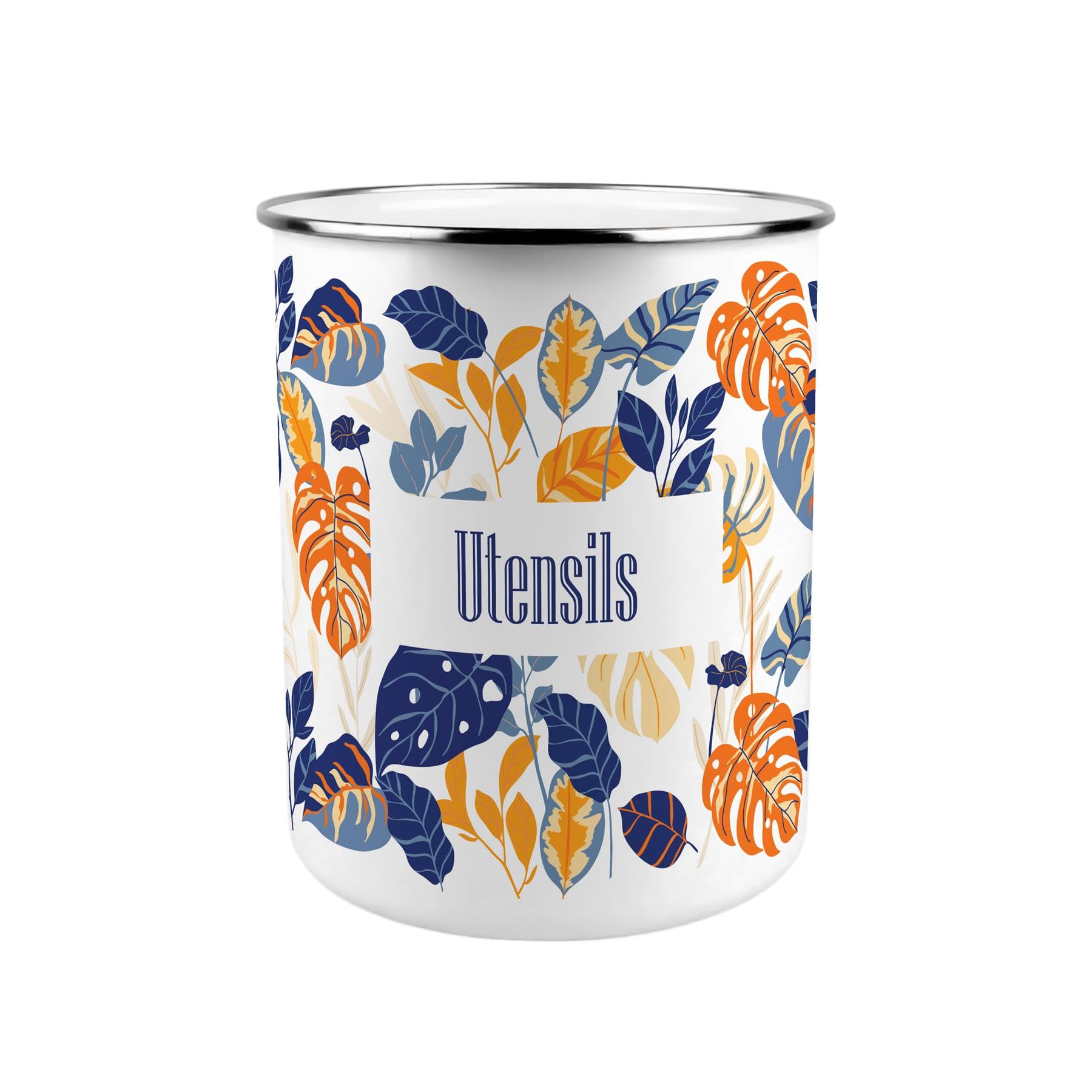 Purely Home Tropical Orange Leaves Metal Utensil Holder - XL Kitchen Utensil Pot/Organiser for Countertop Decor Gift 18x16.5cm