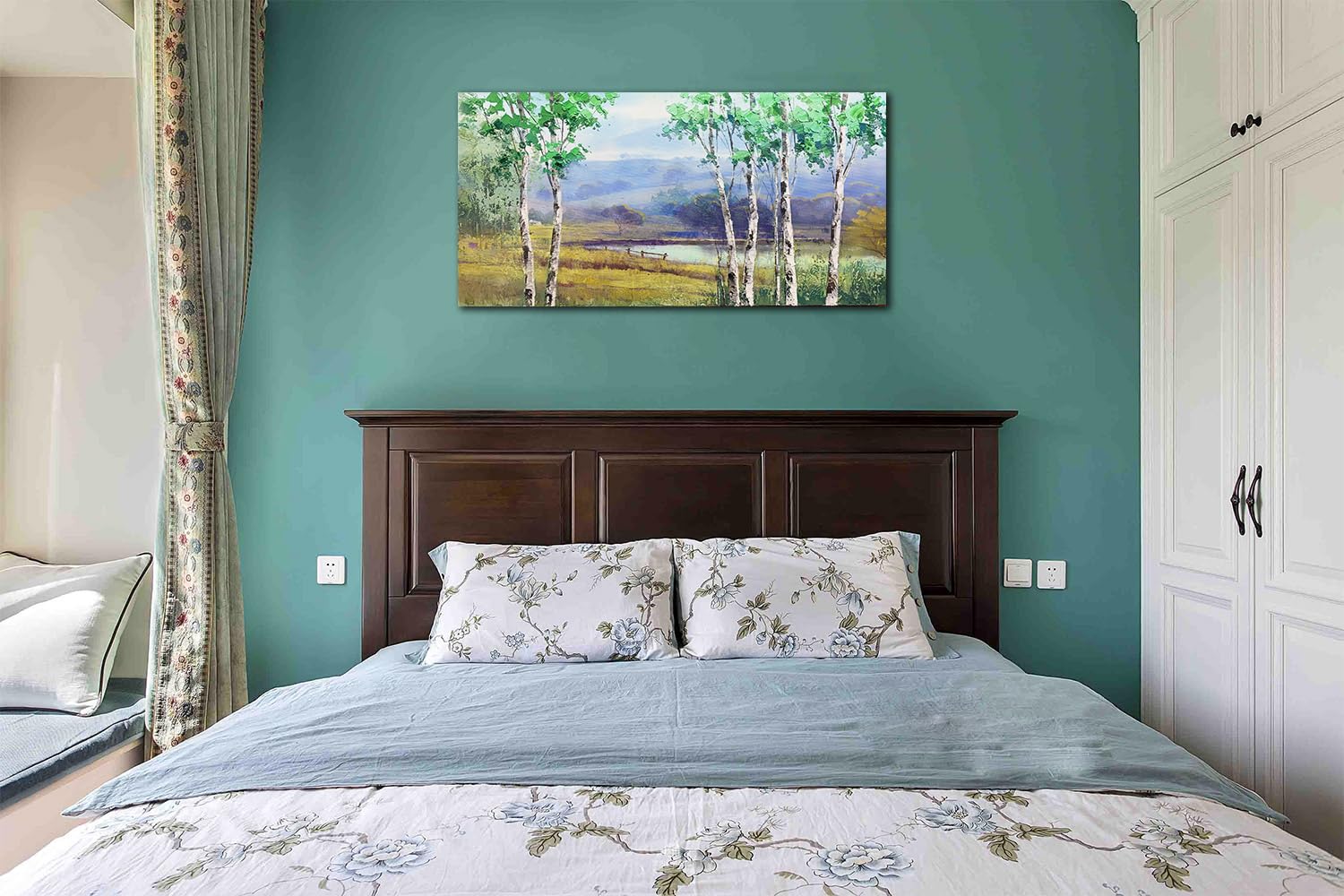 Landscape Painting Wall Art Birch Trees Canvas Nature Country Scenery, Textured Picture Panoramic Print Artwork Framed for Living Room Bedroom Bathroom Office Home Decor Large 40"x20"