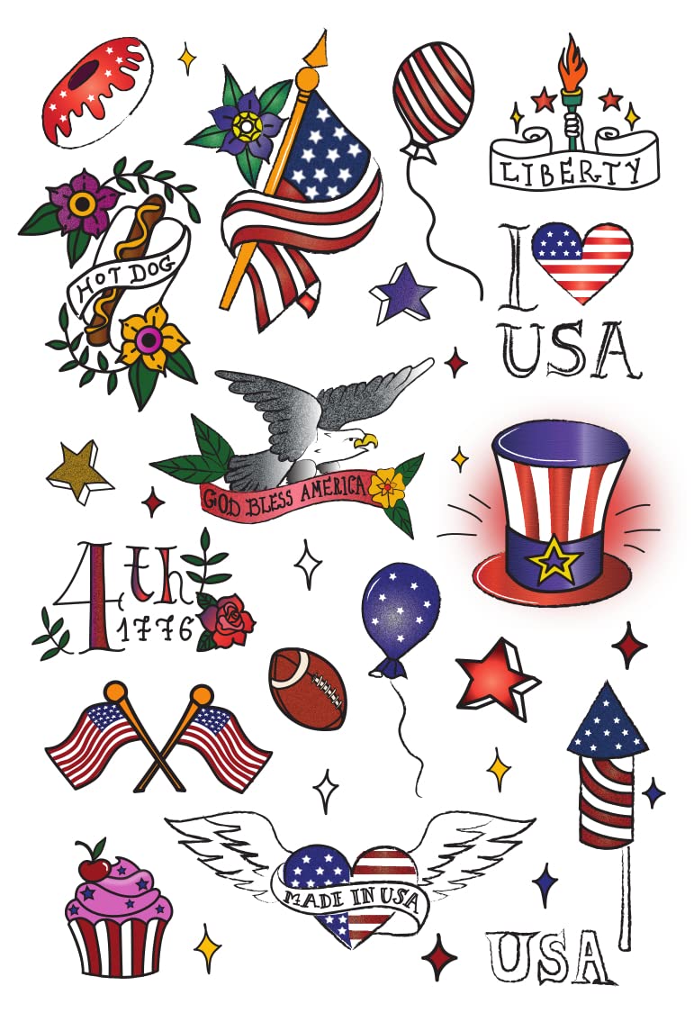 Temporary Tattoo Set By Tatsy, The Patriot Set, 4th of July, Independence Day, Labor day, Fake Tattoos, For Adults, For Kids, For Girls, For Boys, Unique Design, American flag, Bald Eagle