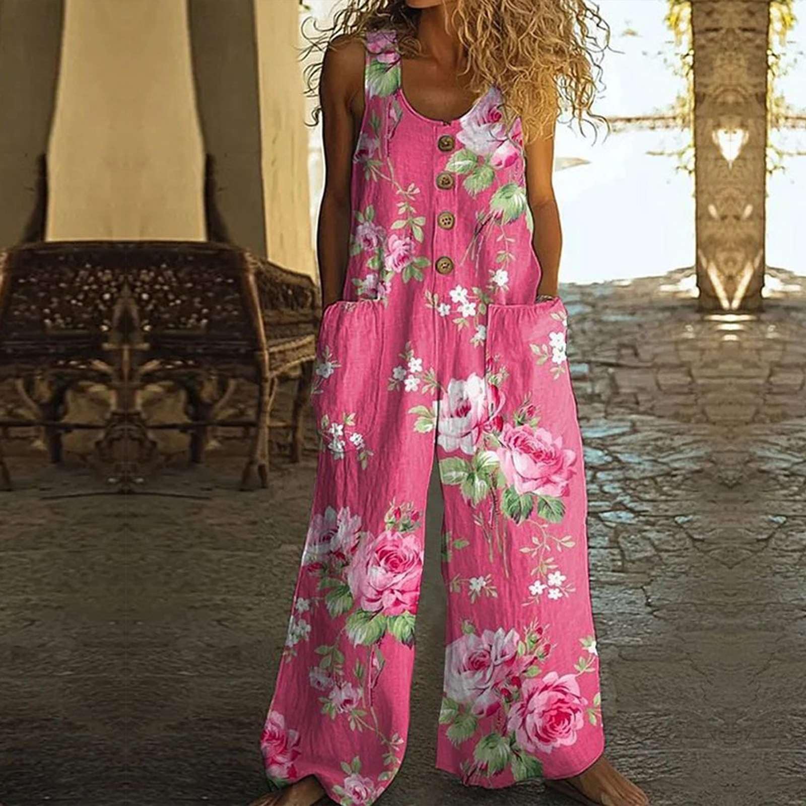 Salopette Donna Estiva, Tuta Intera Elegante Boho Chic Senza Maniche, Tuta Larga Stampa con Tasche Baggy Wide Leg, Tute Cotone Casual Comode per Mare Vacanza e Tempo Libero