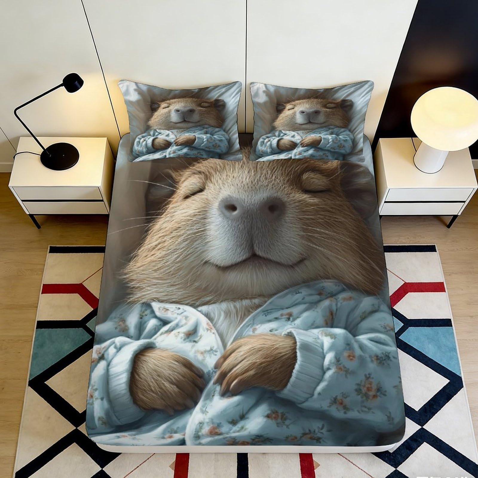 3D Printed Cute Capybara Fitted Sheet Microfiber Soft Breathable Cartoon Mattress Cover for Bedroom Dormitory Guest Room Decor 180x200x25cm