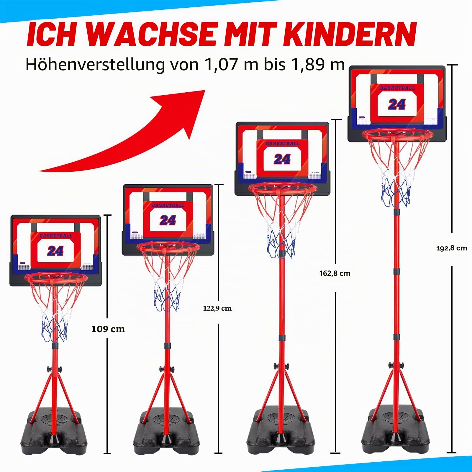Basketballkorb Kinder Outdoor Indoor Höhenverstellbar 107cm-189cm, Basketball Korb Set Spielzeug mit Ball Pumpe, Sport Spielzeug Geschenk für Jungen Mädchen ab 3 4 5 6 7 8 Jahre