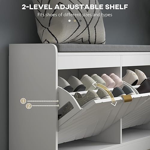 Miniatura 5 de HOMCOM Banco de zapatos, banco de entrada con 2 cajones abatibles, cojín de asiento y 2 rejillas de ventilación para 8 pares de zapatos para