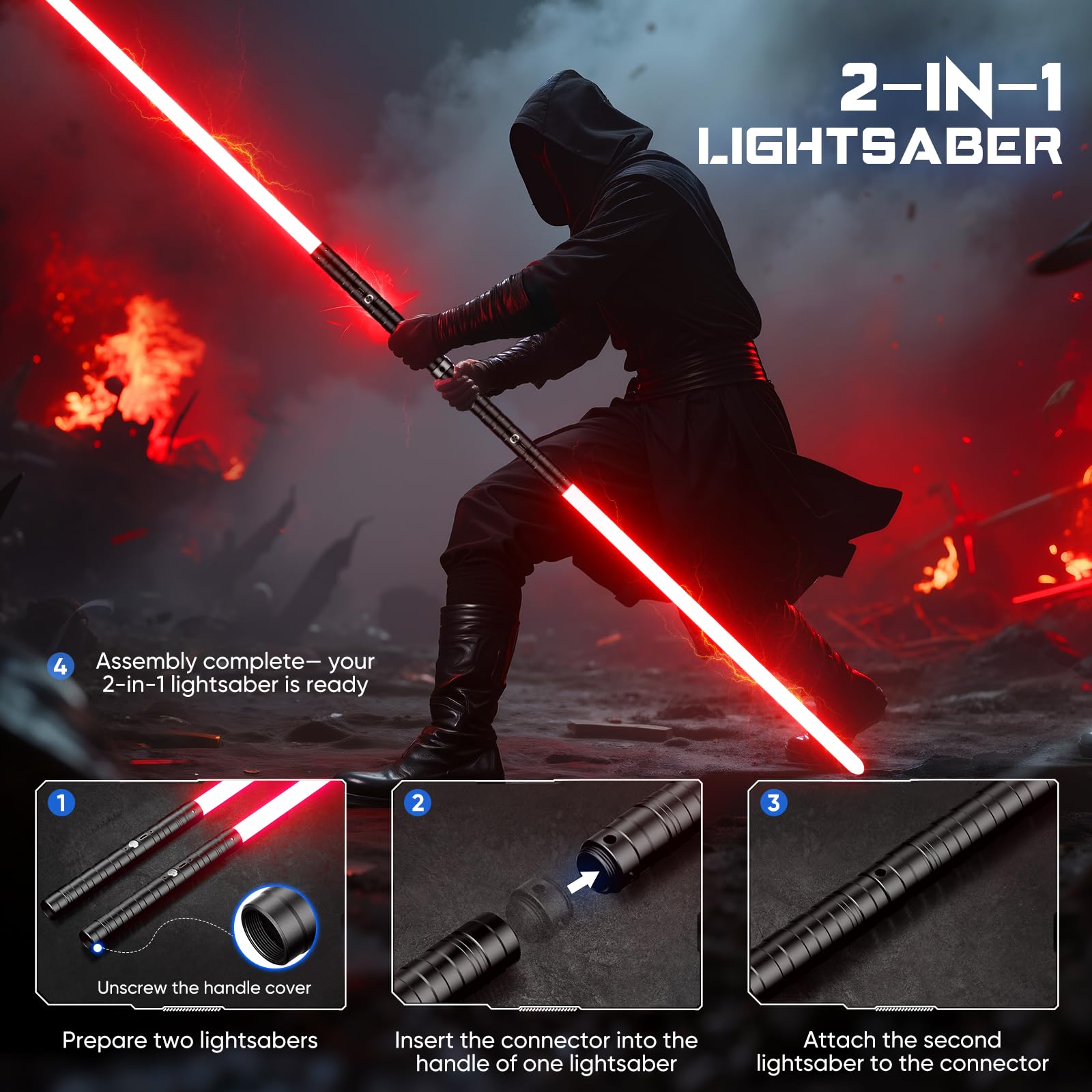 Spada Laser 2 Pezzi, RGB 15 Colori, 5 Effetti Sonori FX, Maniglia Metallo, Ricaricabile USB‑C, Giocattolo per Bambini, Duel, Halloween, Compleanno, Regalo