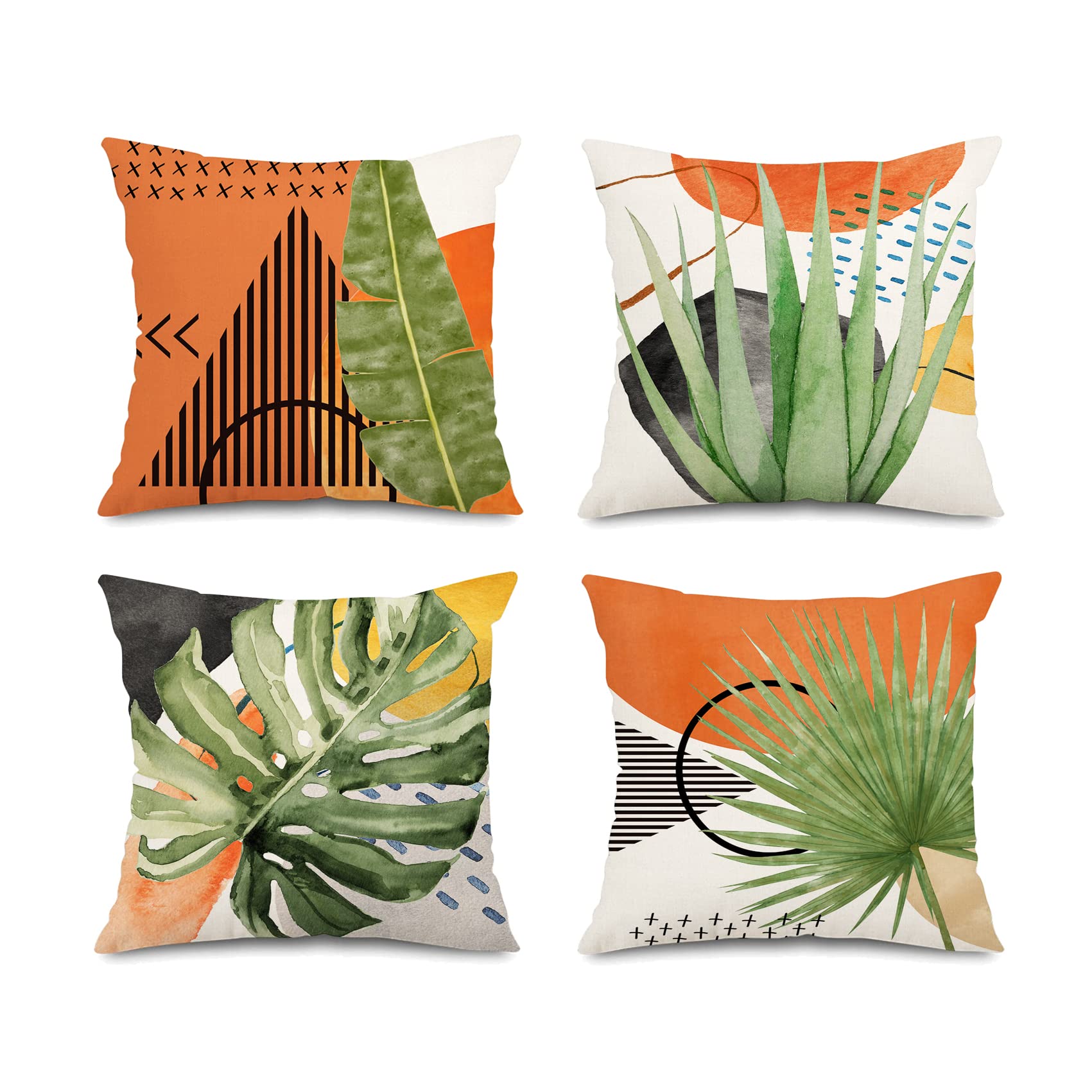 Jartinle Mid Century Modern Tropical Leaves Throw Pillow Covers 18x18 Boho Abstract Art Botanical Plant Nature Pillow Covers Set of 4 Geometric