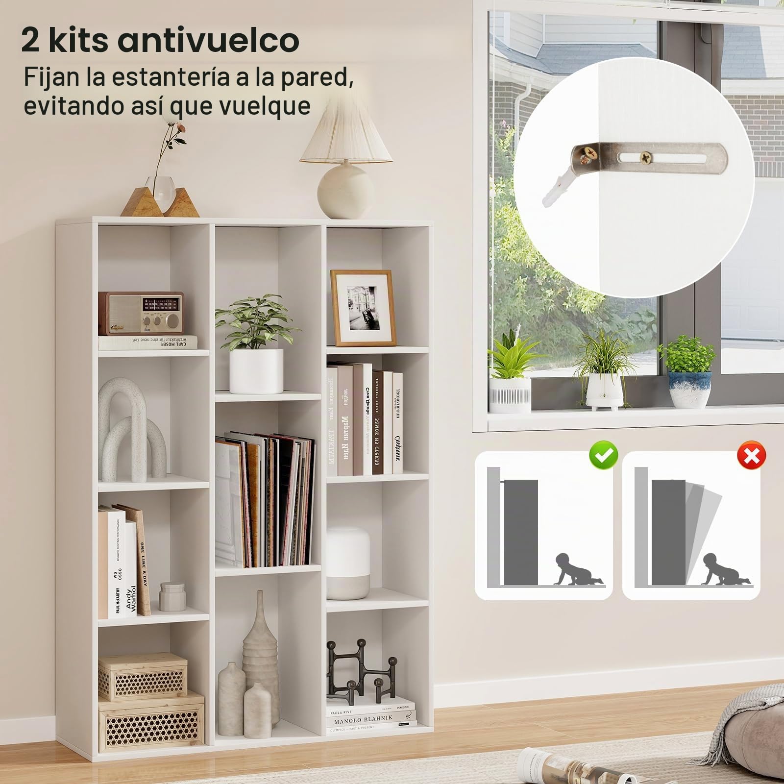 GOPLUS Estantería de Madera Abierta con 11 Cubos, Estante de Almacenamiento con Kits antivuelco, posición Vertical u Horizontal, para Sala de Estar, Dormitorio, Dormitorio de niños (Blanco)